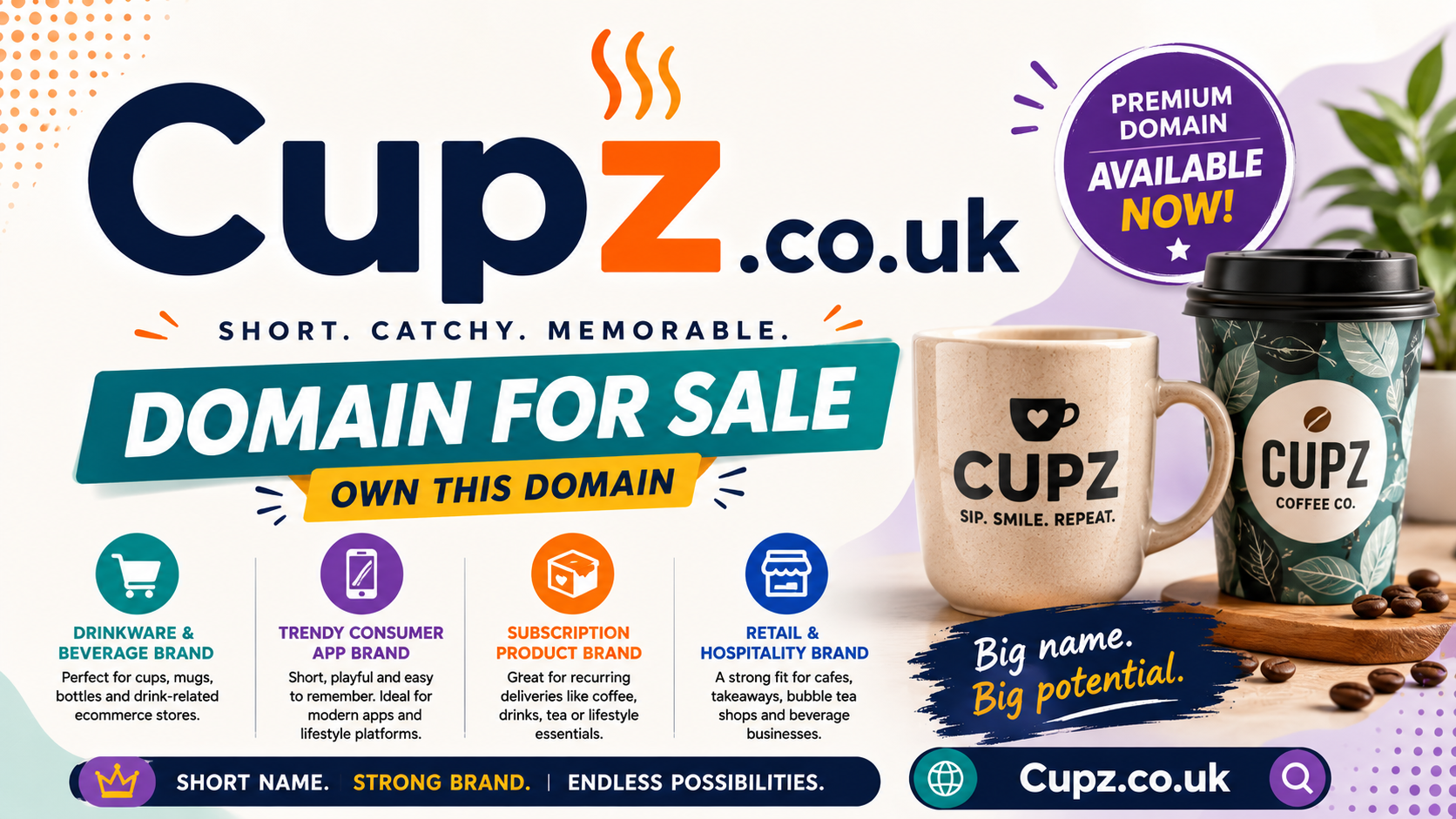 Promotional graphic featuring the domain Cupz.co.uk, shown with premium drinkware, coffee subscription elements and retail branding. Style: bright modern consumer brand design.