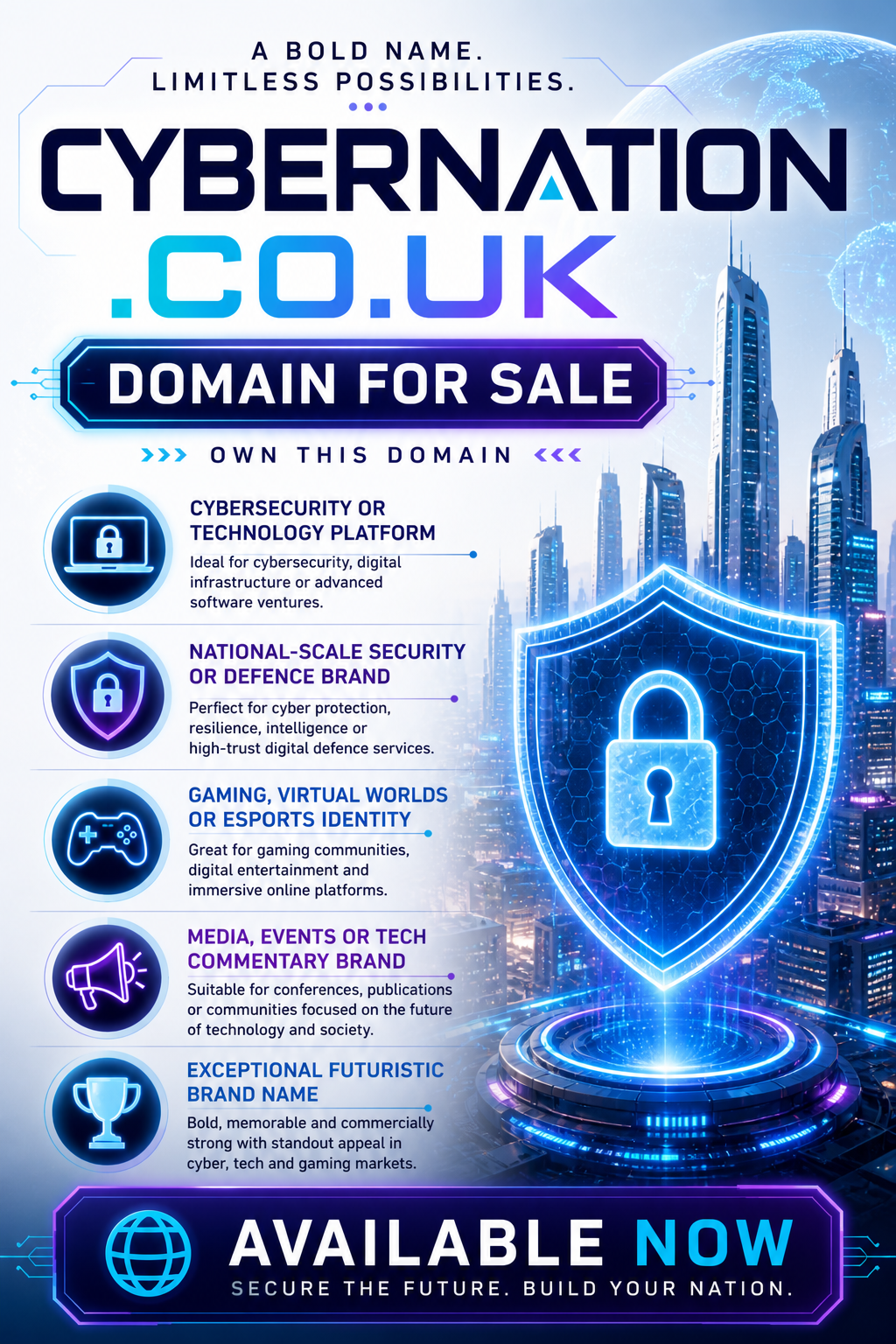 Promotional graphic featuring the domain cybernation.co.uk, shown with futuristic city skyline and security shield icon. Style: modern cyber-tech.