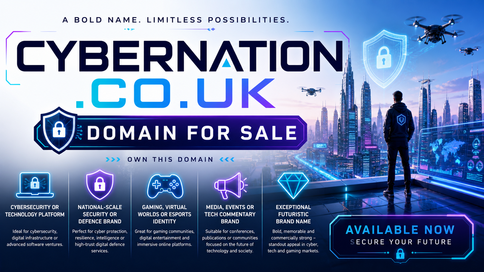 Promotional graphic featuring the domain cybernation.co.uk, shown with futuristic city skyline and security shield icon. Style: modern cyber-tech.