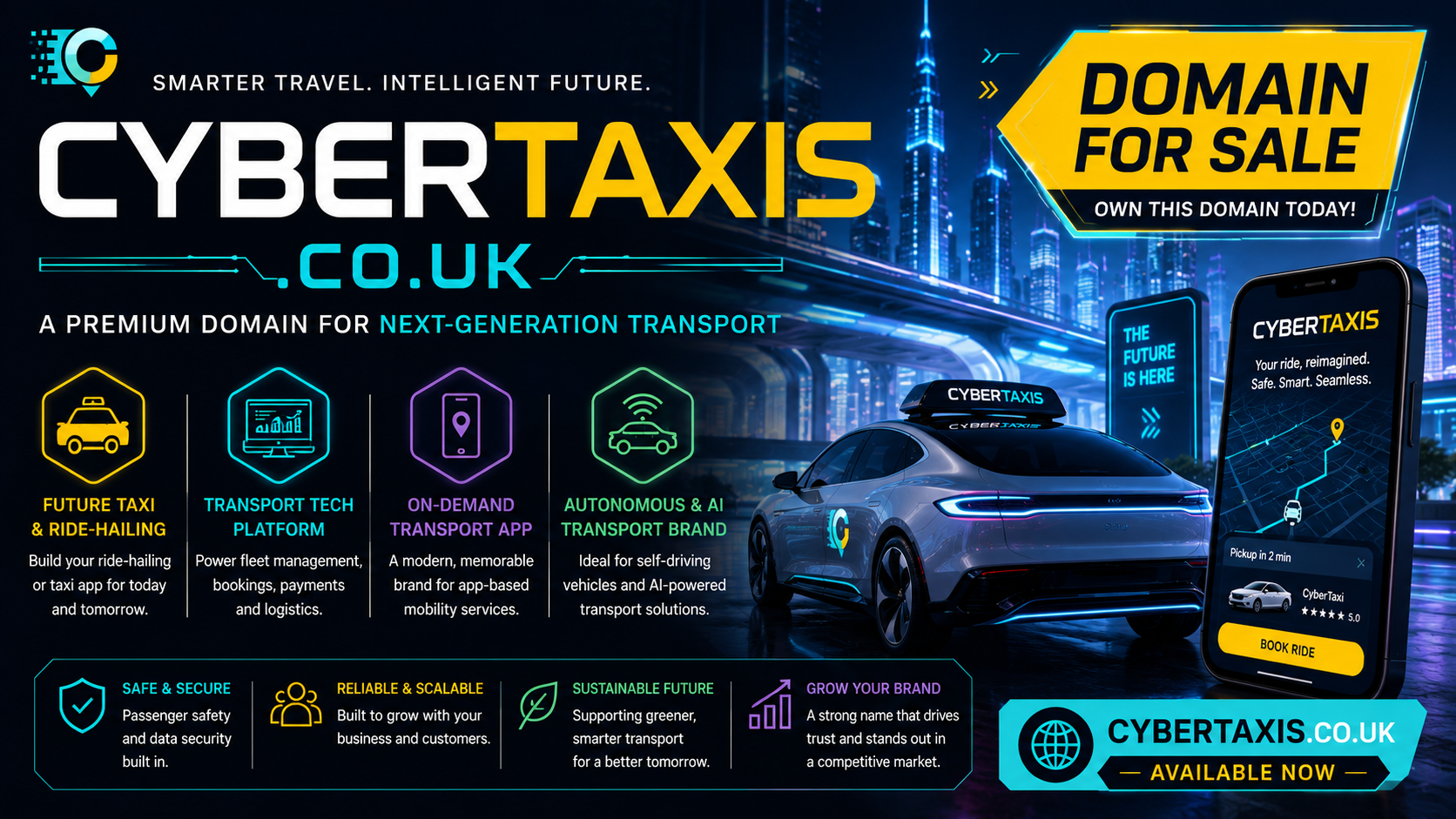 Futuristic promo graphic for cybertaxis.co.uk with autonomous taxi, neon city skyline and AI mobility branding.