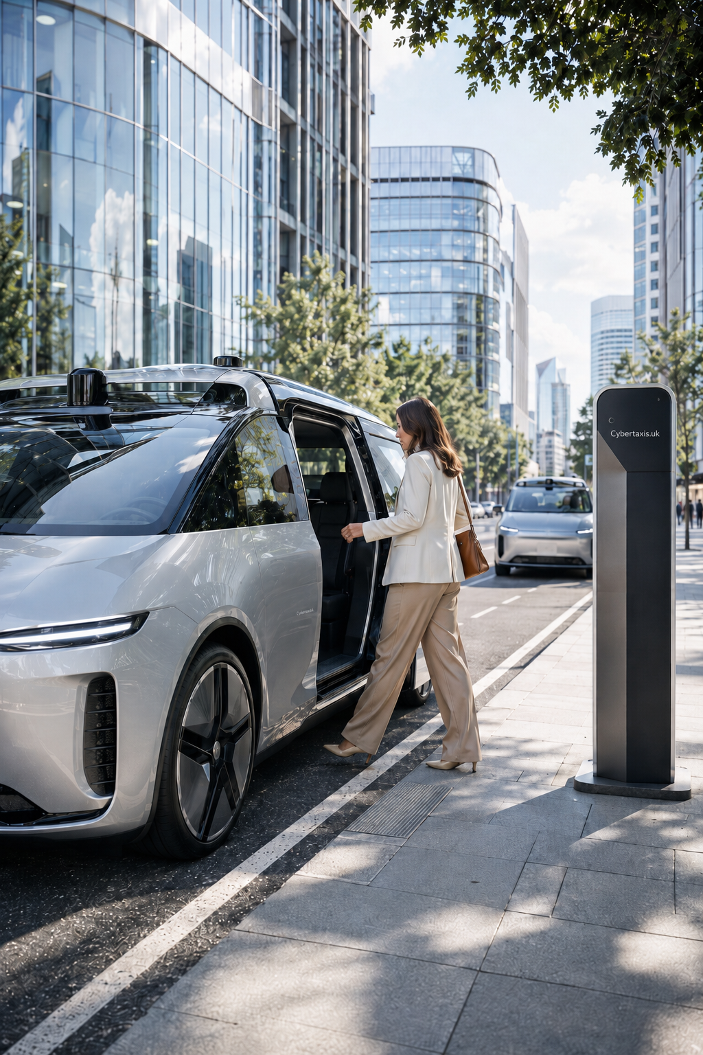 A futuristic autonomous taxi outside a modern urban mobility hub, with travellers nearby, a city skyline in the background and Cybertaxis.uk branding visible on the vehicle.