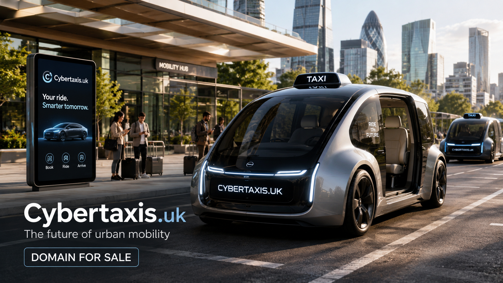 A futuristic autonomous taxi outside a modern urban mobility hub, with travellers nearby, a city skyline in the background and Cybertaxis.uk branding visible on the vehicle.