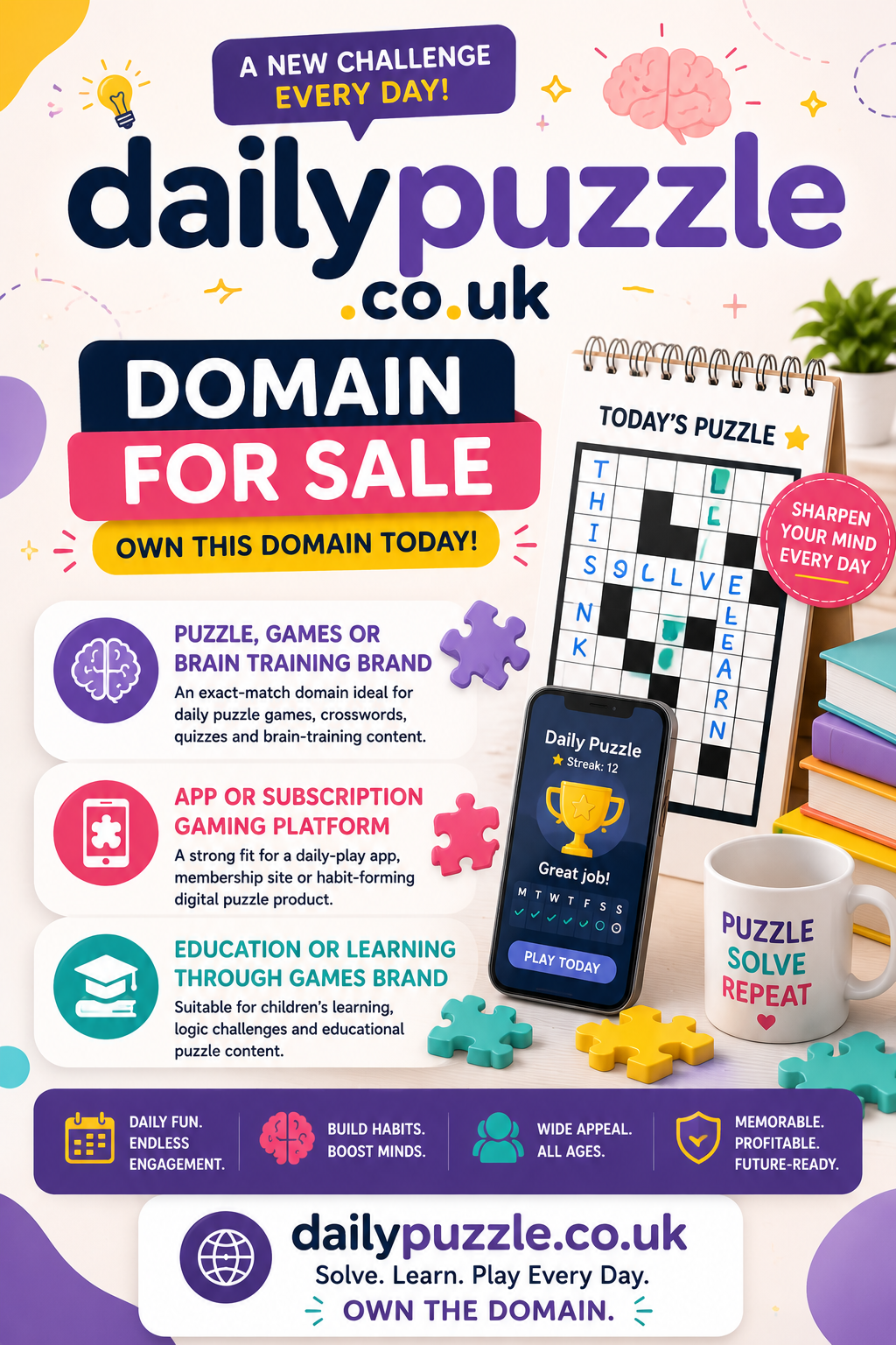 Promotional graphic featuring dailypuzzle.co.uk with crossword board, puzzle pieces and brain-training visuals. Style: bright playful.