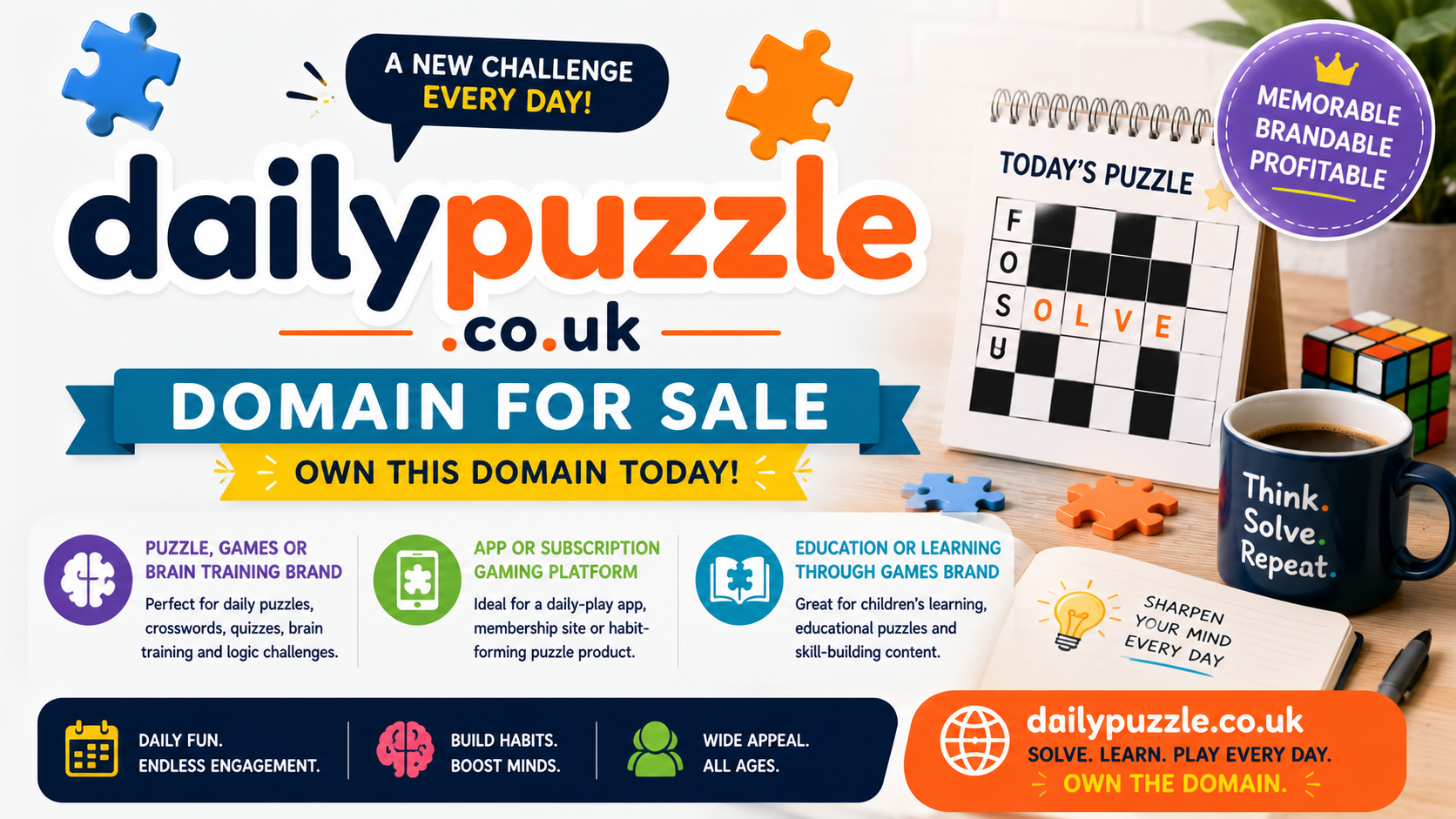 Promotional graphic featuring dailypuzzle.co.uk with crossword board, puzzle pieces and brain-training visuals. Style: bright playful.