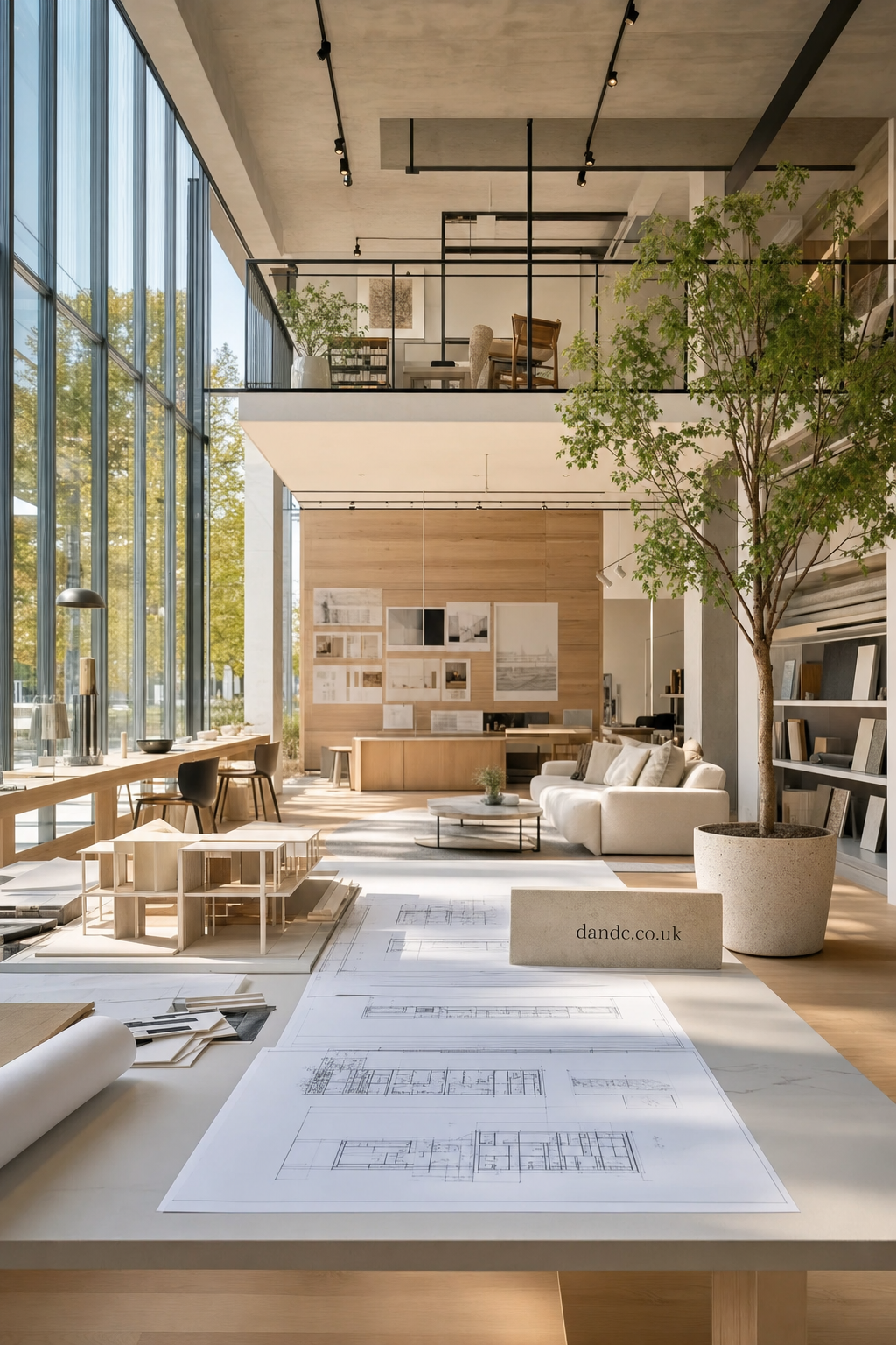 Architectural office with large windows, a detailed wooden building model on a table, blueprints, and a modern interior featuring a mezzanine, cozy seating, and greenery.
