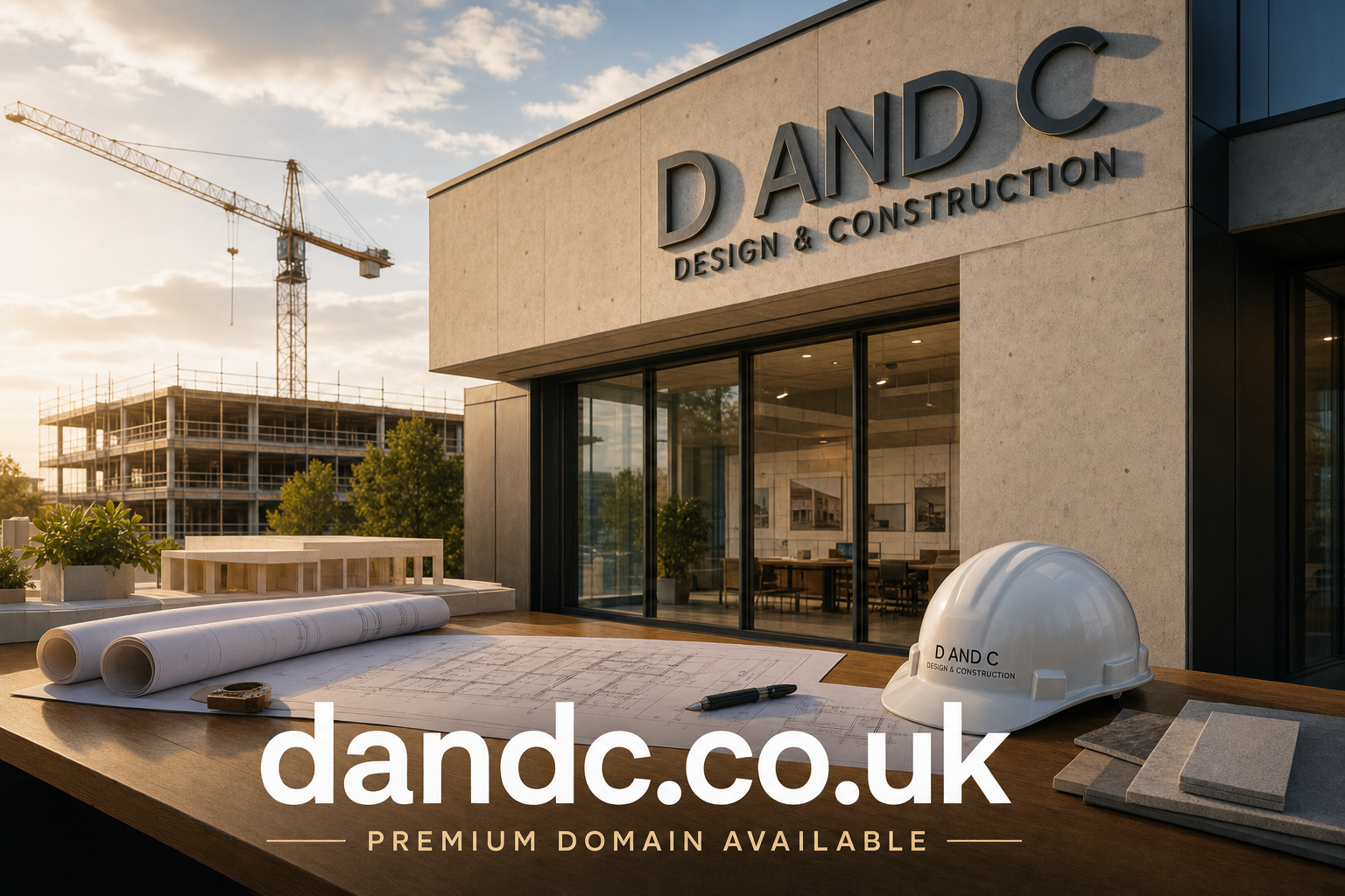 A construction site at sunset with a crane and an unfinished building in the background. In the foreground, a table holds architectural blueprints, a pen, a white hard hat labeled "D AND C DESIGN & CONSTRUCTION," and tile samples, outside an office building with the same signage.