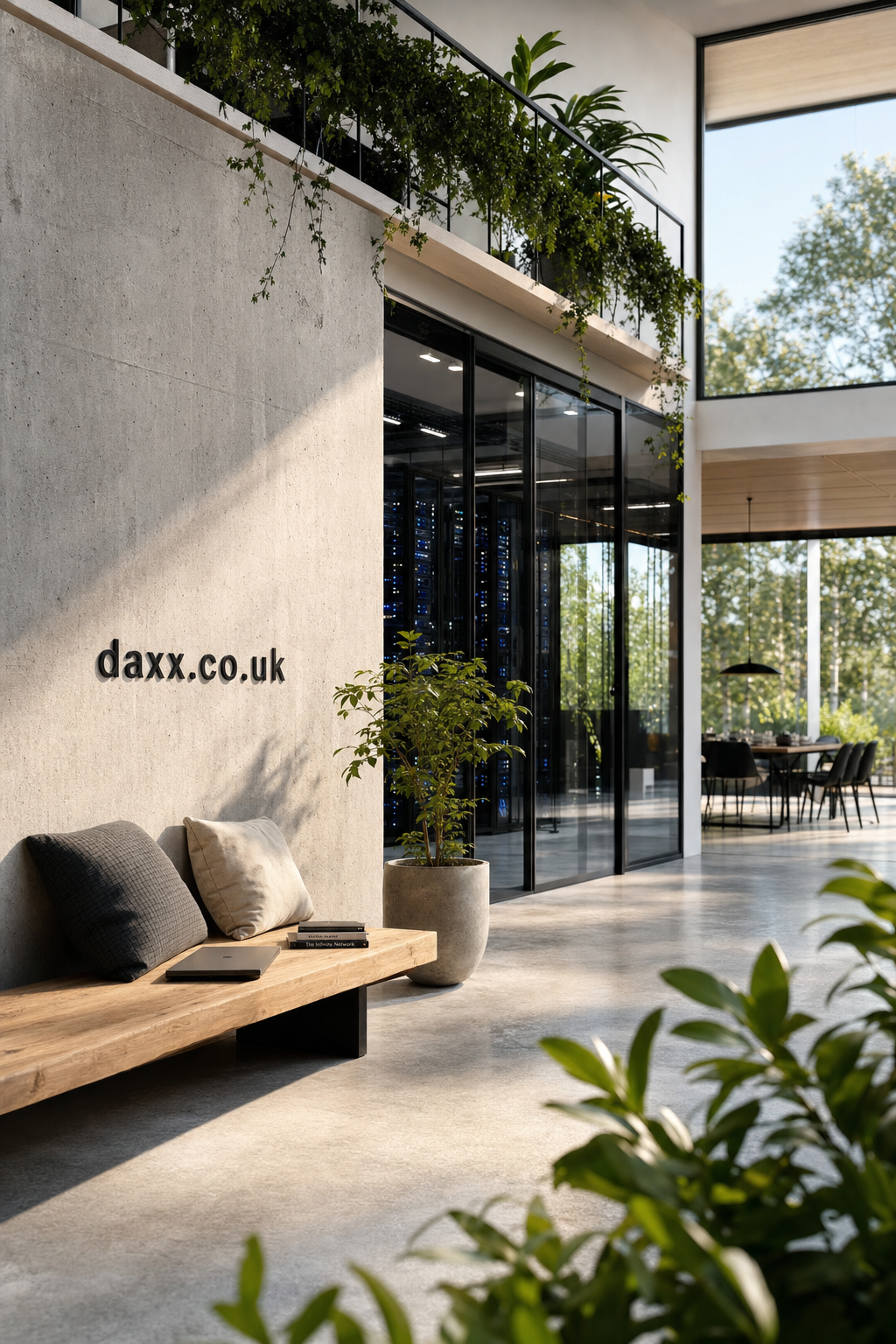 A spacious modern office lobby with concrete walls, wooden bench with cushions and laptop, lush green plants, and glass-walled server room showcasing blue-lit data center cabinets, bathed in natural sunlight.