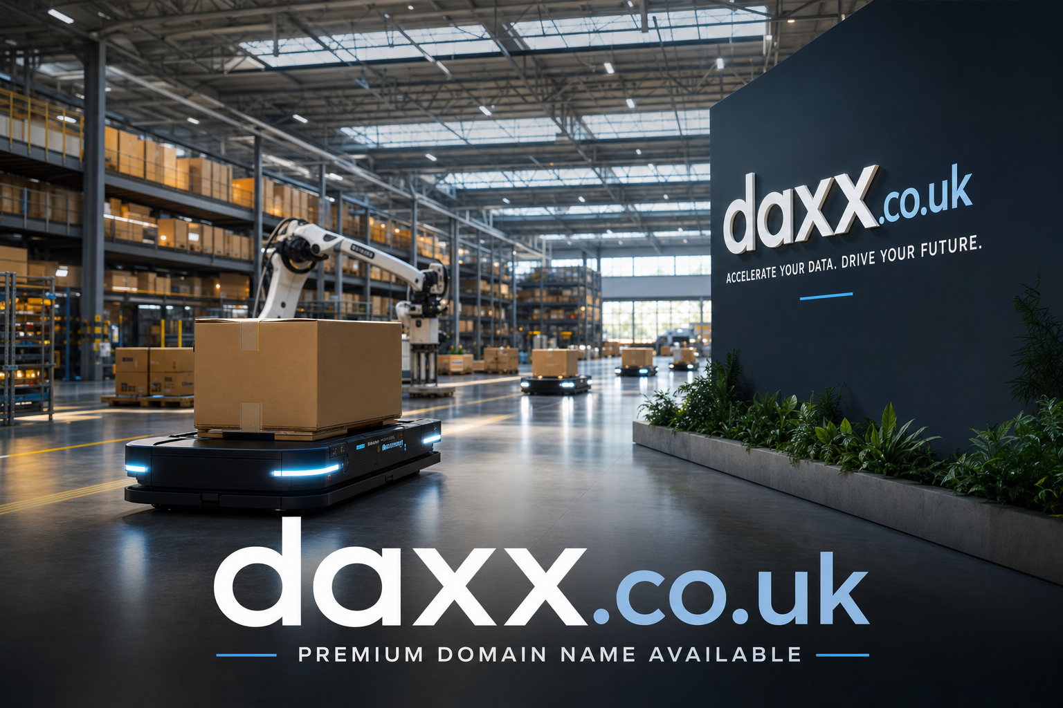 Inside a spacious, well-lit warehouse with tall shelves filled with boxes, autonomous robots carry large cardboard packages while a robotic arm operates in the background. A dark wall shows the text "daxx.co.uk" and the slogan "Accelerate your data. Drive your future." with "Premium domain name available" below.