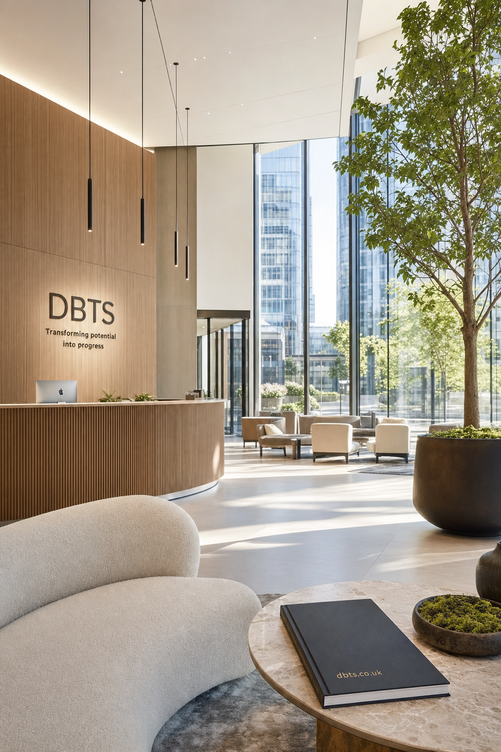 Spacious modern office lobby with curved reception desk and DBTS logo, featuring natural wood paneling, hanging lights, comfortable seating, and large windows revealing city skyscrapers.