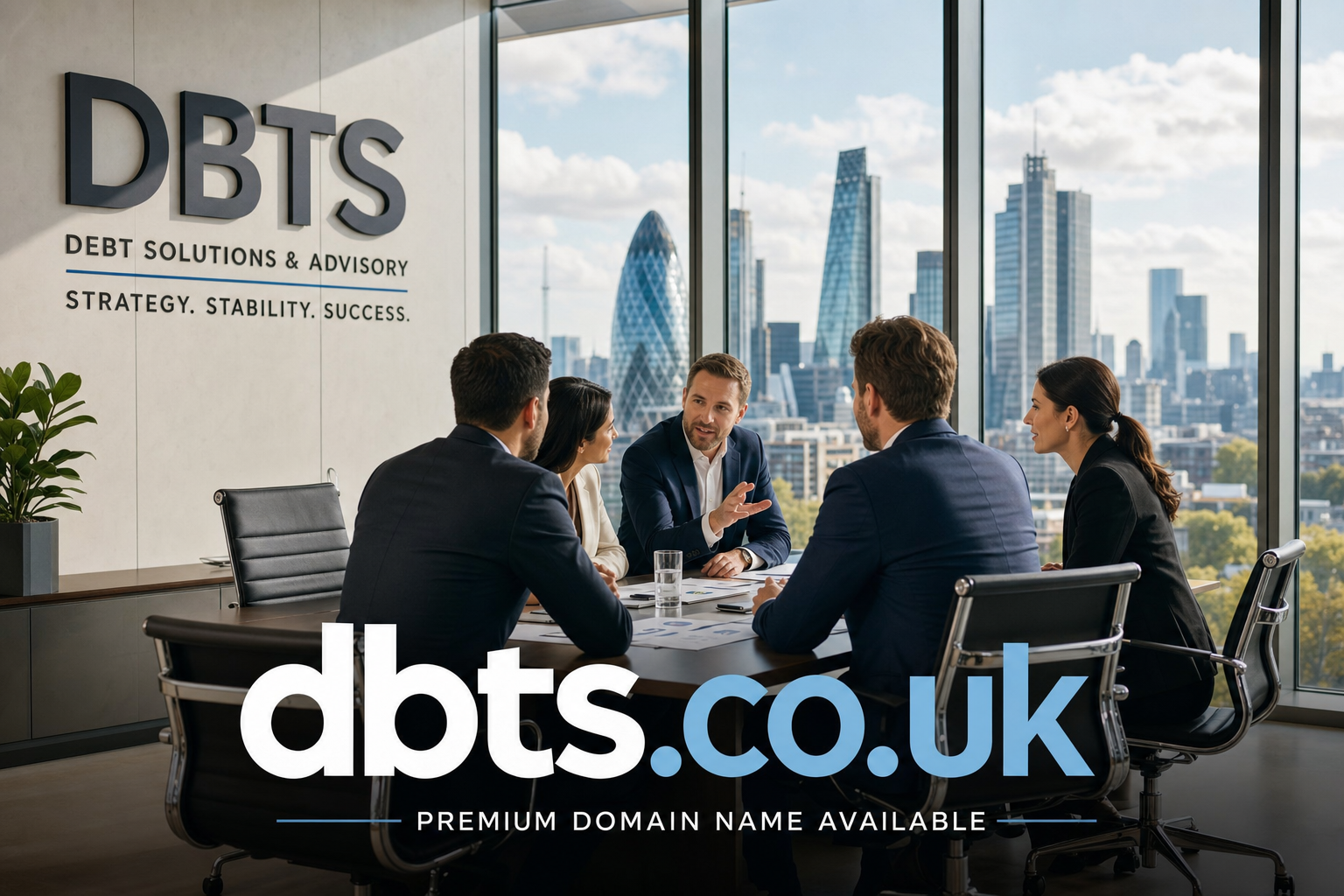 Five business professionals in formal attire sit around a conference table in a modern office with floor-to-ceiling windows overlooking a city skyline. A wall sign reads "DBTS Debt Solutions & Advisory Strategy. Stability. Success." A plant is on a sideboard nearby.
