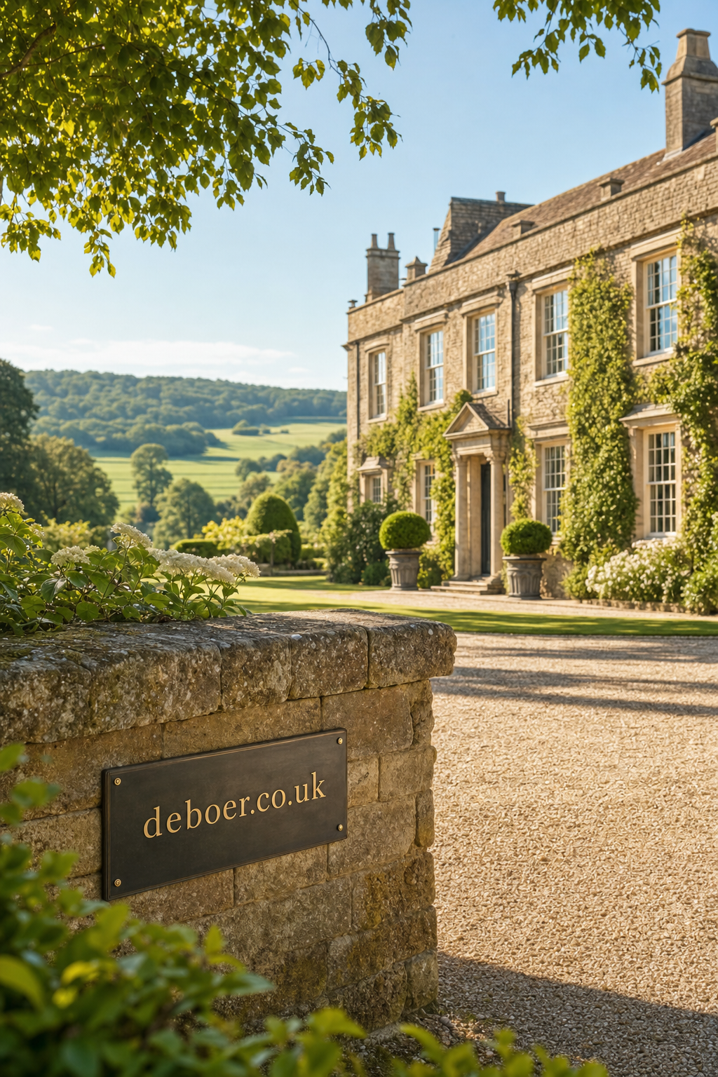 Grand stone country estate surrounded by manicured gardens and lush green fields under a clear sky