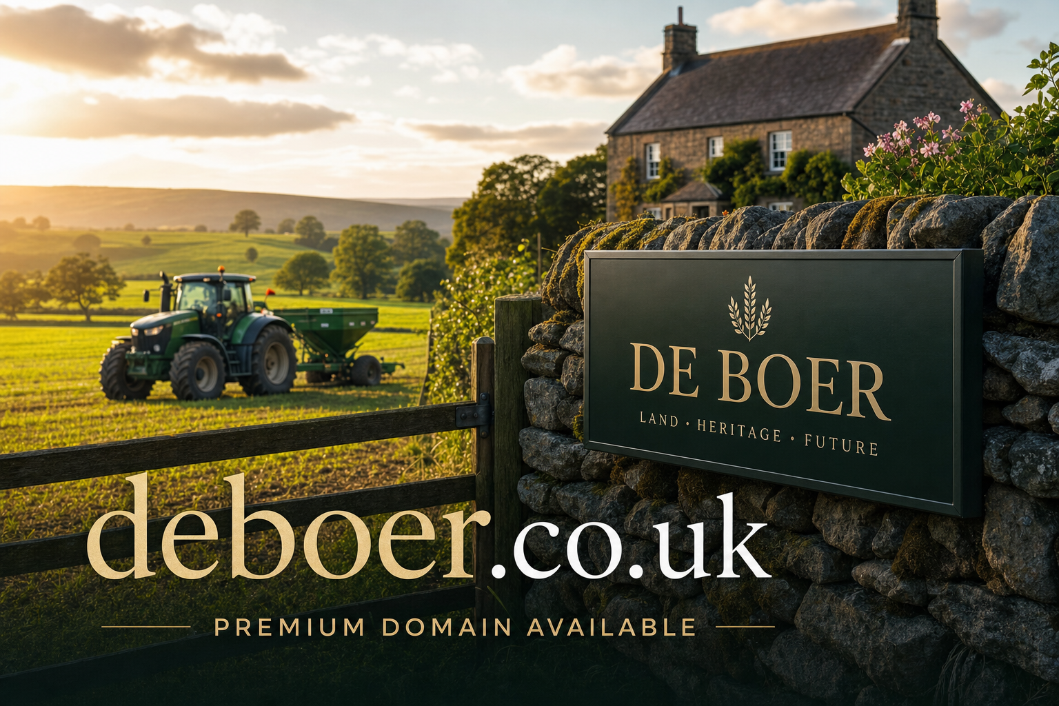Stone wall with a sign reading 'DE BOER LAND • HERITAGE • FUTURE' next to a wooden gate. In the background, a tractor works a green field under a partly cloudy sky with the sun setting behind rolling hills and a rural house.
