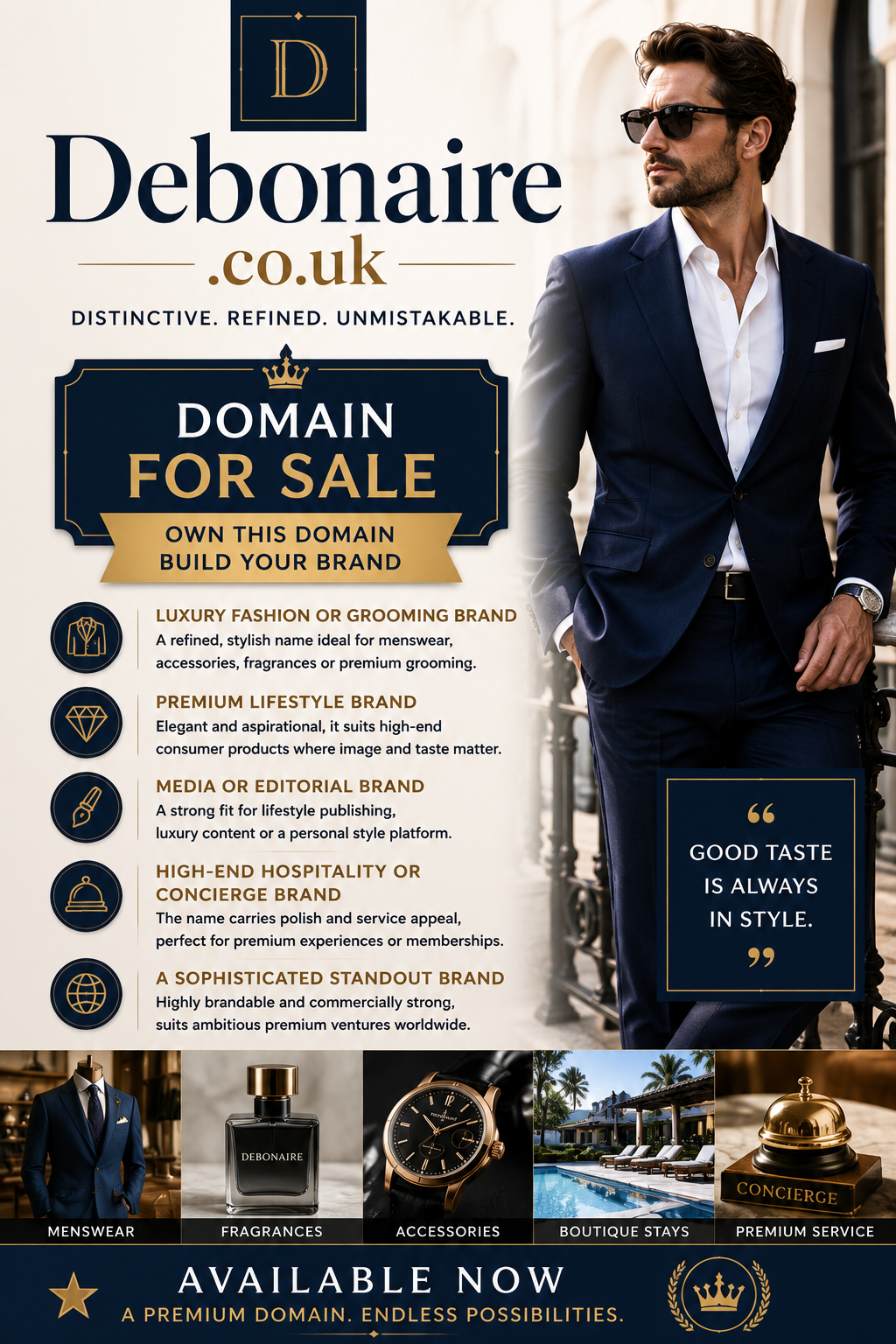 Promotional graphic featuring the domain Debonaire.co.uk with luxury gentleman, tailored fashion styling and premium for-sale branding. Style: sophisticated upscale lifestyle branding.
