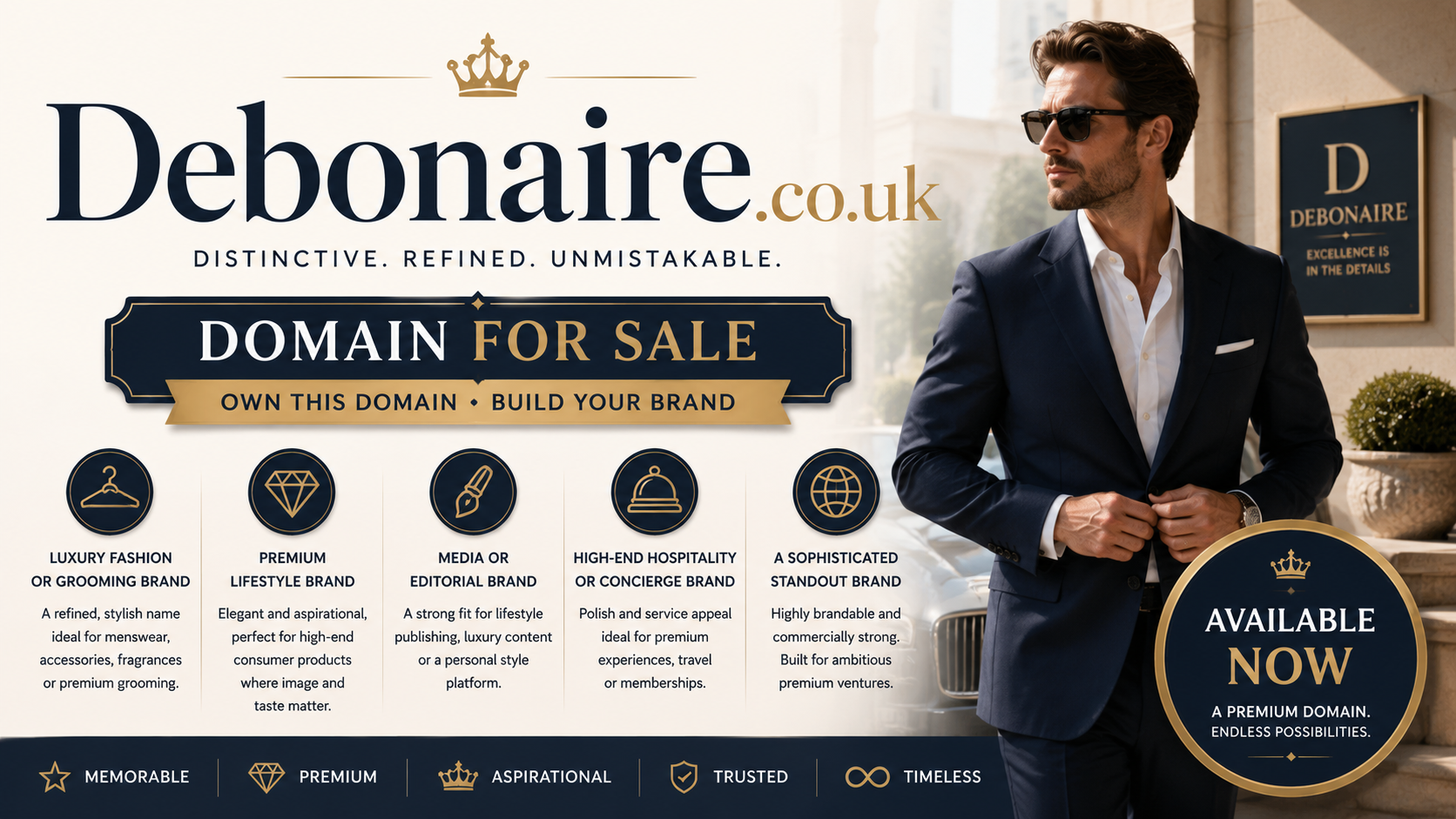 Promotional graphic featuring the domain Debonaire.co.uk with luxury gentleman, tailored fashion styling and premium for-sale branding. Style: sophisticated upscale lifestyle branding.