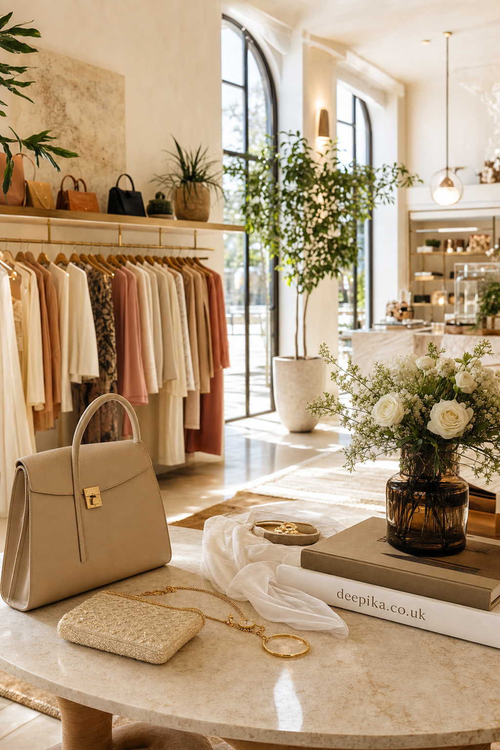 Sunlit boutique interior showcasing a collection of neutral-toned clothing on a gold rack, with stylish handbags displayed on a shelf above, and a marble table in the foreground holding elegant accessories, a vase of white flowers, and a book with deepika.co.uk on the spine.