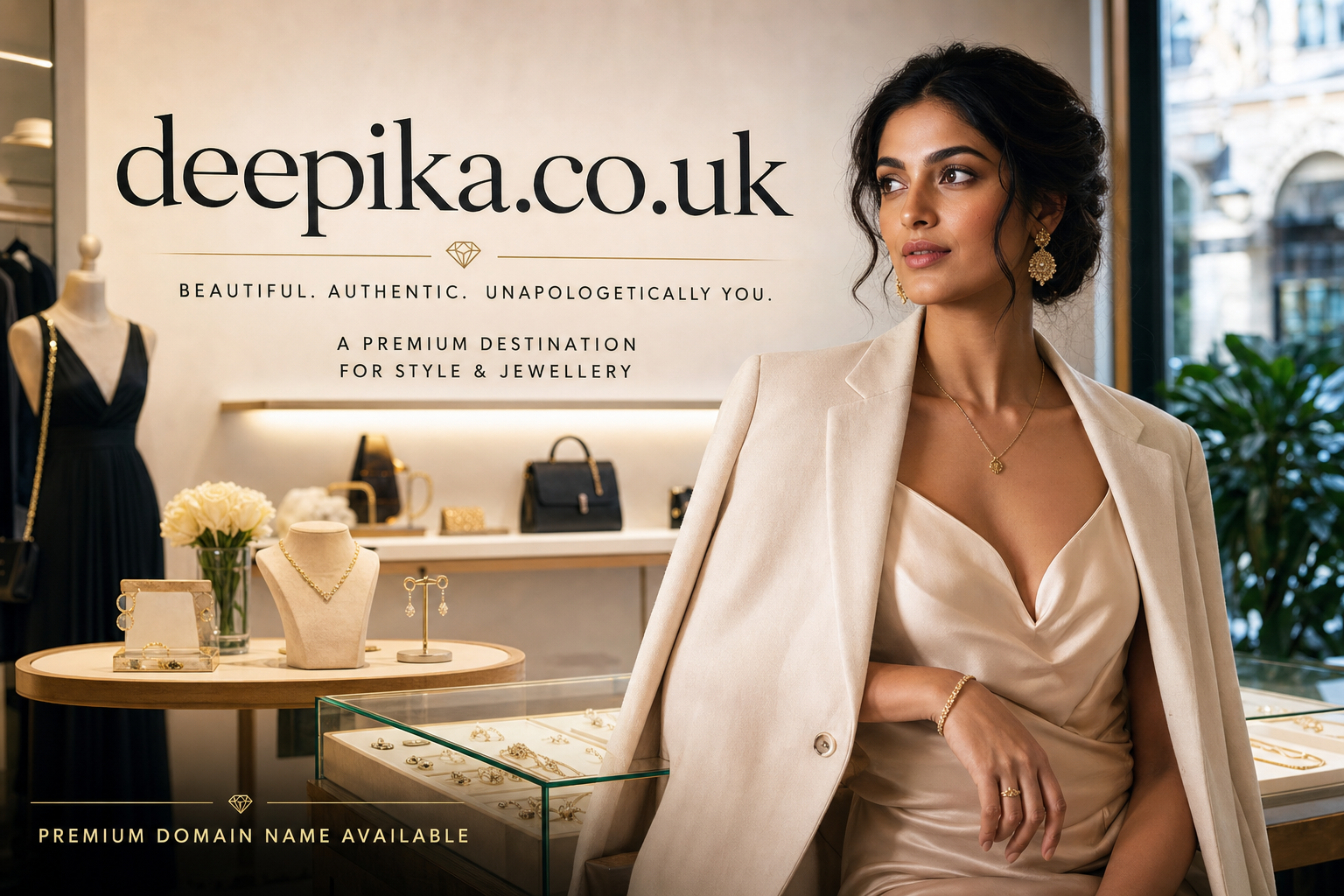 A woman in a champagne satin dress with a beige blazer draped over her shoulders wears gold jewelry including earrings, necklace, bracelet, and ring, posing in a stylish boutique displaying necklaces, earrings, black handbags, and a black dress on a mannequin. Large text on the wall reads 'deepika.co.uk' and 'Beautiful. Authentic. Unapologetically You. A premium destination for style & jewellery.' A note at the bottom states 'Premium domain name available.'