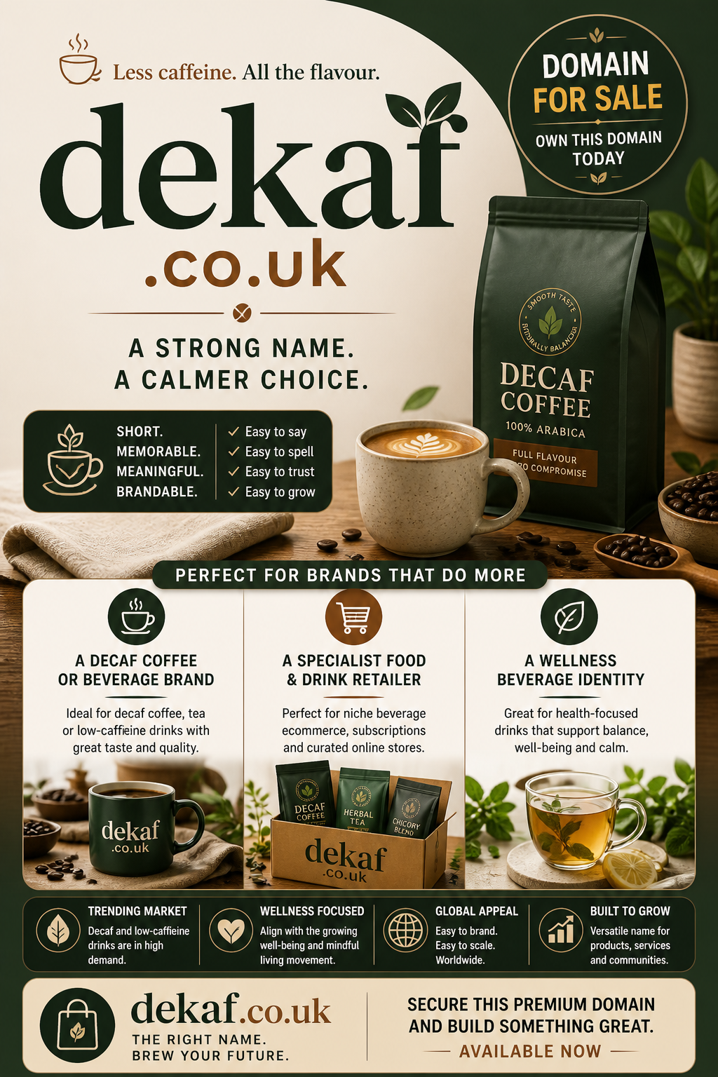 Promotional graphic featuring the domain dekaf.co.uk, shown with coffee cup and product packaging. Style: warm, lifestyle-focused