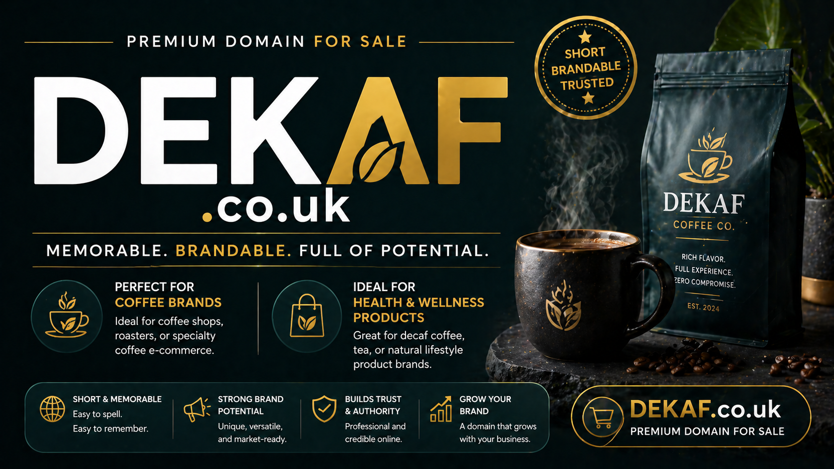 Promo banner featuring the domain DEKAF.co.uk with bold text, coffee cup and packaging visuals. Style: premium, modern, lifestyle-inspired.