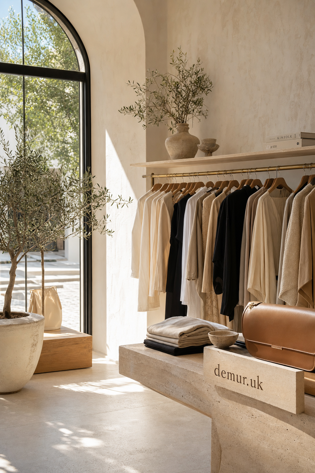 A minimalist boutique clothing store interior with neutral-toned garments hanging on a brass rail, folded clothes on a stone table, and decorative pottery and plants, flooded with natural sunlight through a large arch window.