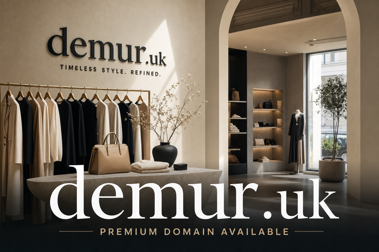 Interior of a stylish boutique featuring a rack of neutral-colored coats and jackets, a beige handbag on a stone table with folded sweaters, and a black vase with delicate branches. The wall displays the text 'demur.uk TIMLESS STYLE. REFINED.'