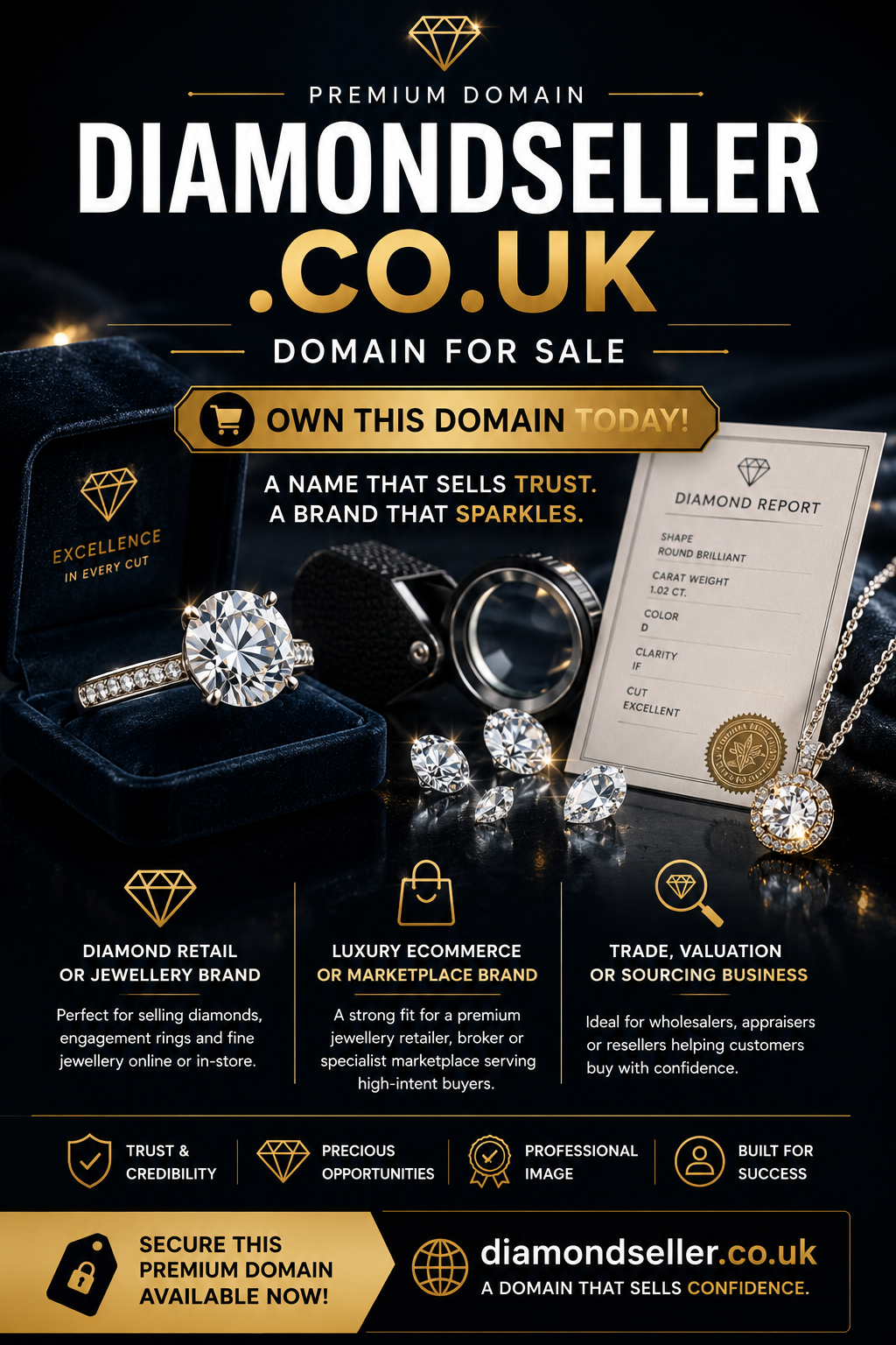 Promotional banner featuring diamondseller.co.uk with diamond rings, gemstone report and luxury jewellery visuals. Style: dark premium luxury.