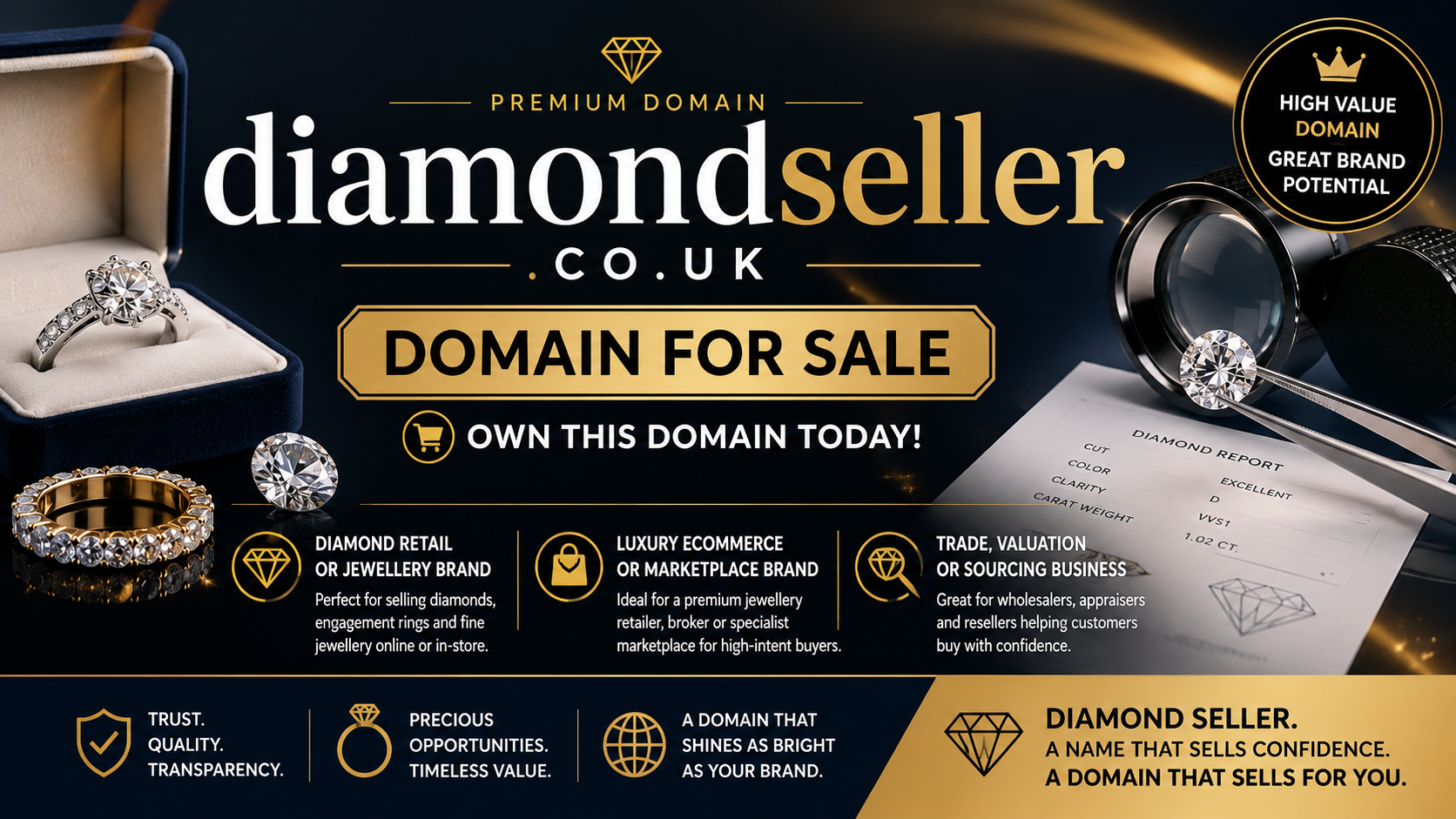 Promotional banner featuring diamondseller.co.uk with diamond rings, gemstone report and luxury jewellery visuals. Style: dark premium luxury.