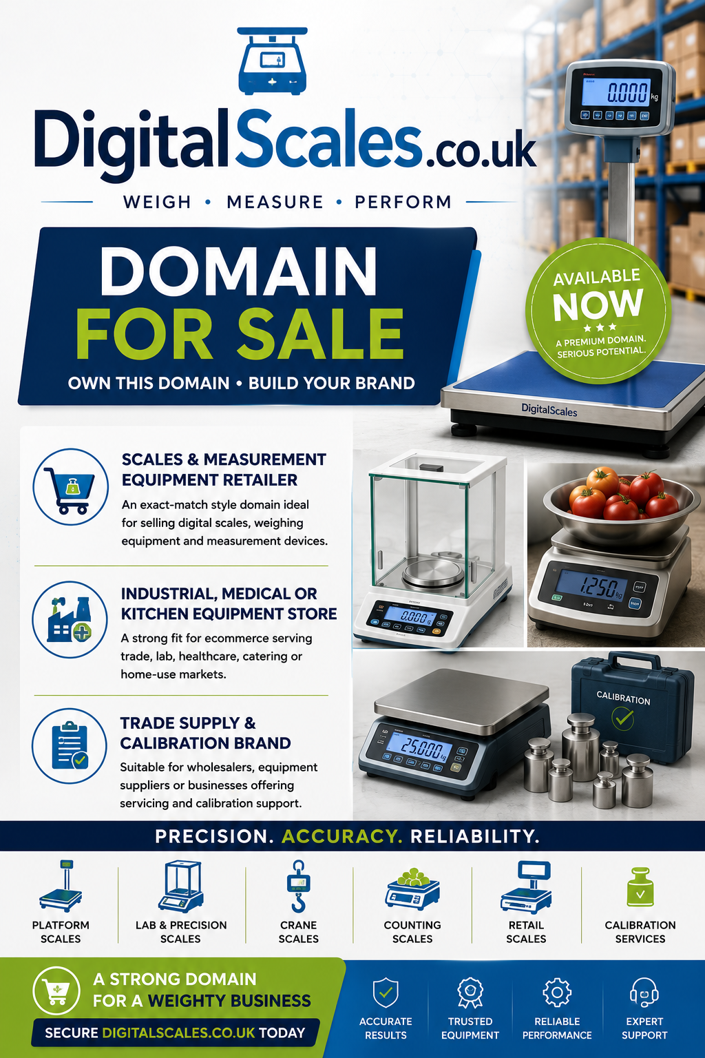Promotional graphic featuring the domain DigitalScales.co.uk with digital weighing equipment, precision measurement displays and ecommerce branding. Style: modern professional industrial retail branding.