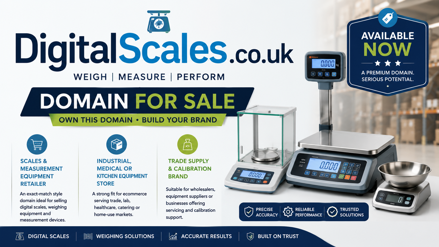 Promotional graphic featuring the domain DigitalScales.co.uk with digital weighing equipment, precision measurement displays and ecommerce branding. Style: modern professional industrial retail branding.