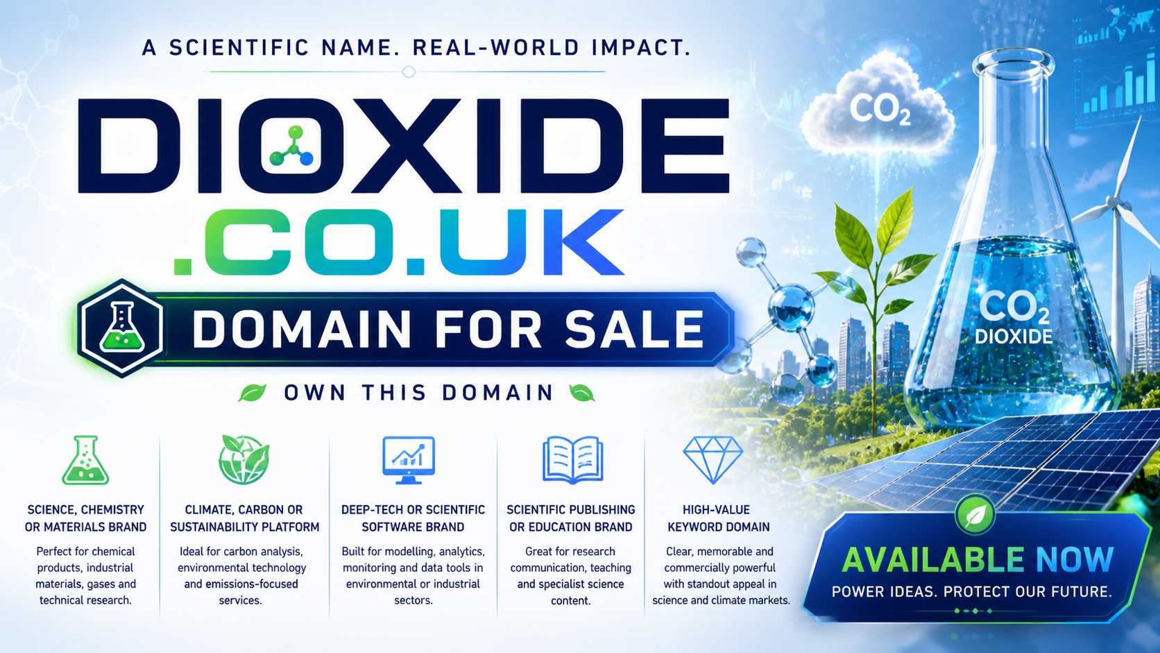 Promotional graphic featuring the domain dioxide.co.uk, shown with lab flask and CO2 cloud icon. Style: clean science-tech.