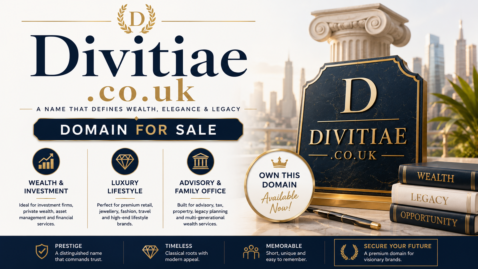Promotional graphic featuring the domain Divitiae.co.uk, shown with wealth, luxury and advisory branding elements. Style: elegant premium.