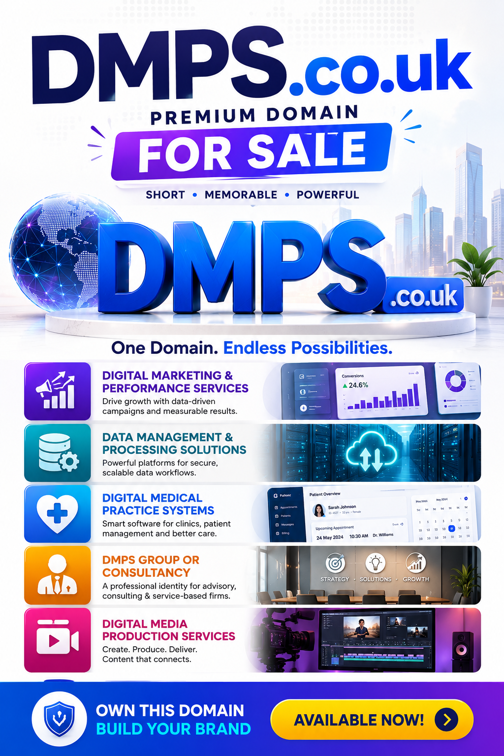 Promotional graphic for DMPS.co.uk with colourful business icons, SaaS visuals and premium domain for sale styling.