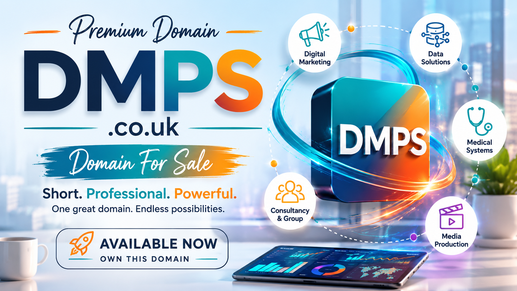 Promotional graphic for DMPS.co.uk with colourful business icons, SaaS visuals and premium domain for sale styling.