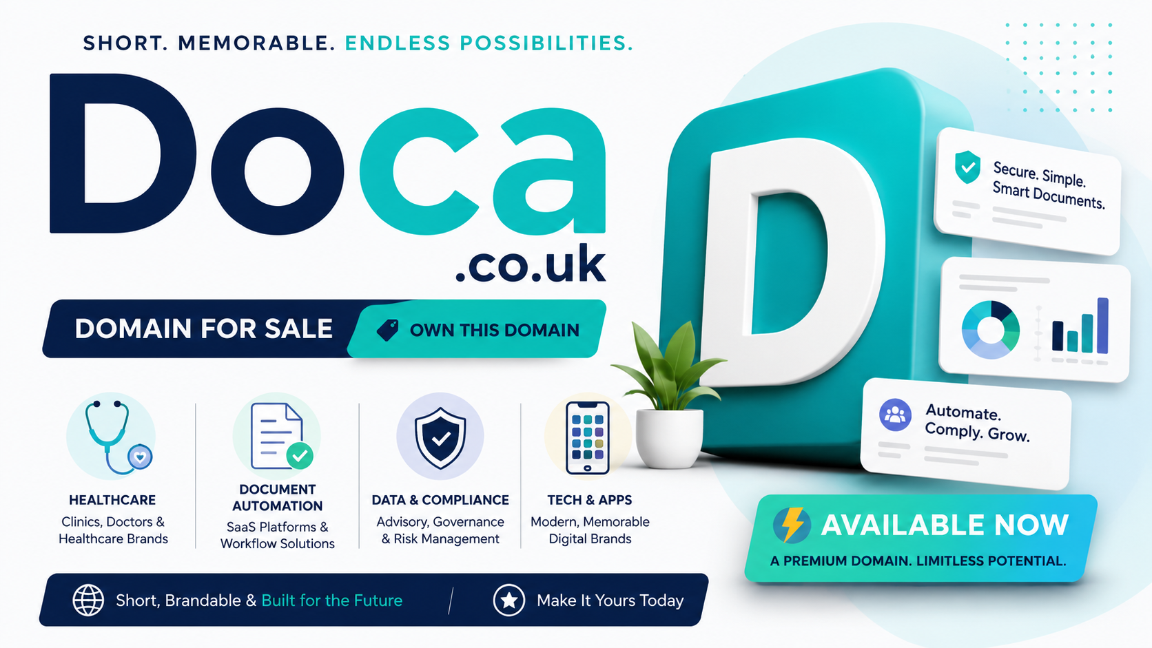 Promotional graphic featuring the domain Doca.co.uk with healthcare, automation and tech icons. Style: bright modern startup branding.