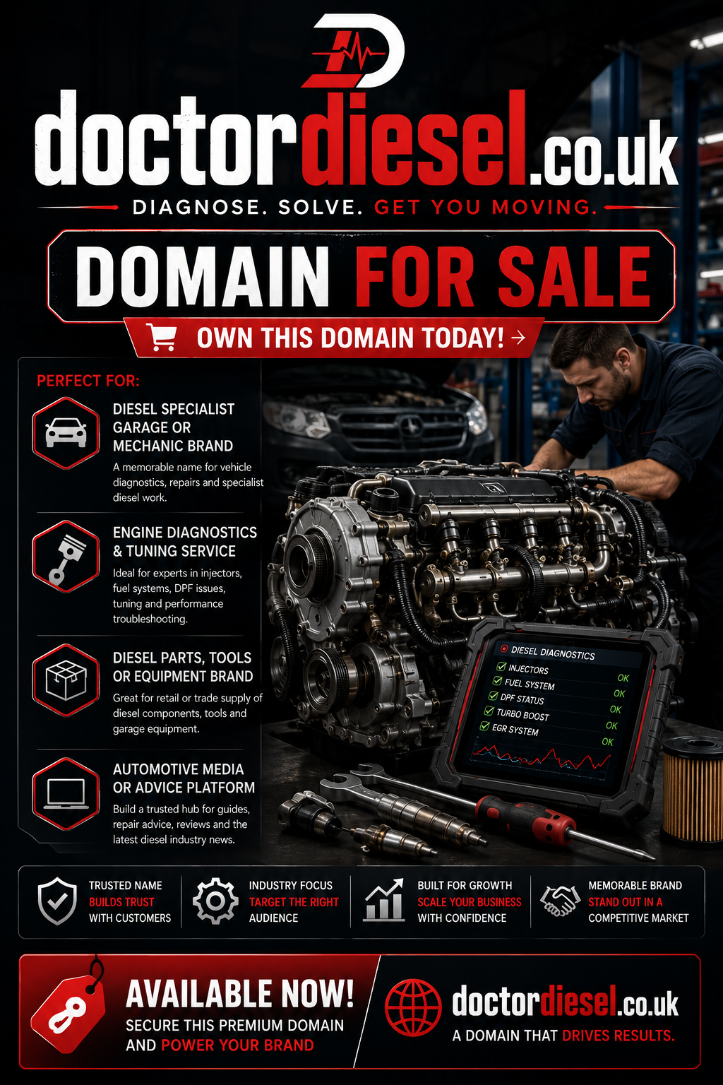 Promotional banner featuring doctordiesel.co.uk with diesel engine, diagnostics tablet and mechanic tools. Style: bold industrial.