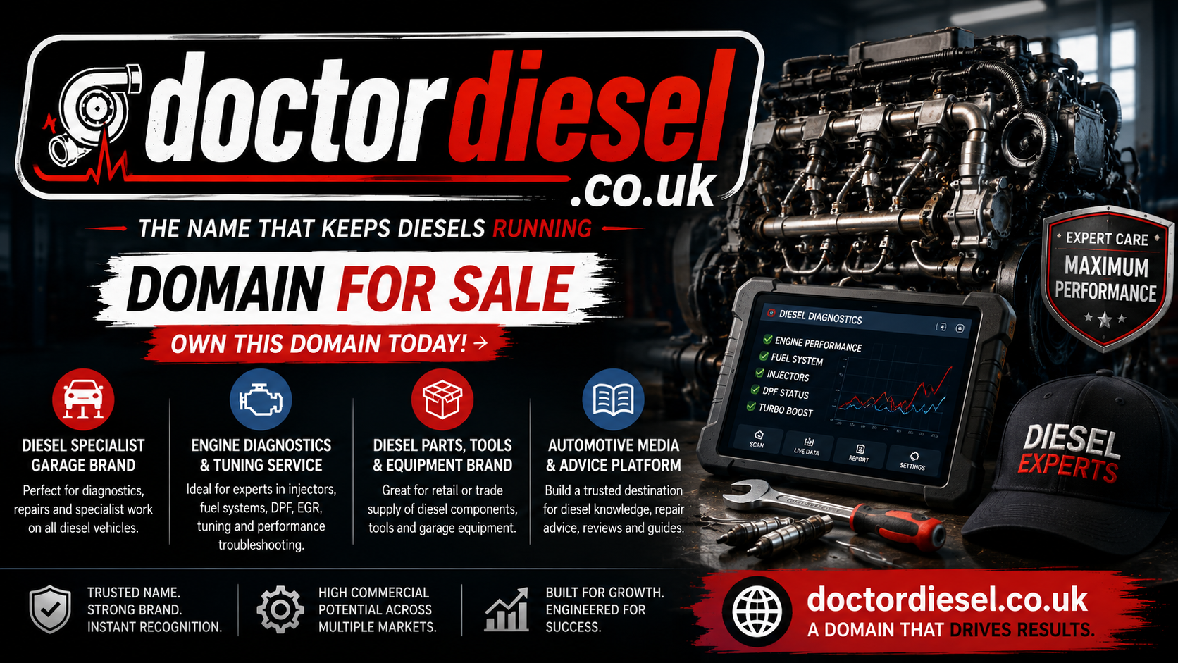 Promotional banner featuring doctordiesel.co.uk with diesel engine, diagnostics tablet and mechanic tools. Style: bold industrial.
