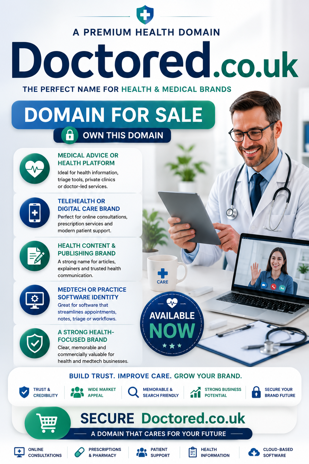 Promotional graphic featuring the domain Doctored.co.uk, shown with healthcare technology and medical consultation visuals. Style: bright modern healthcare.