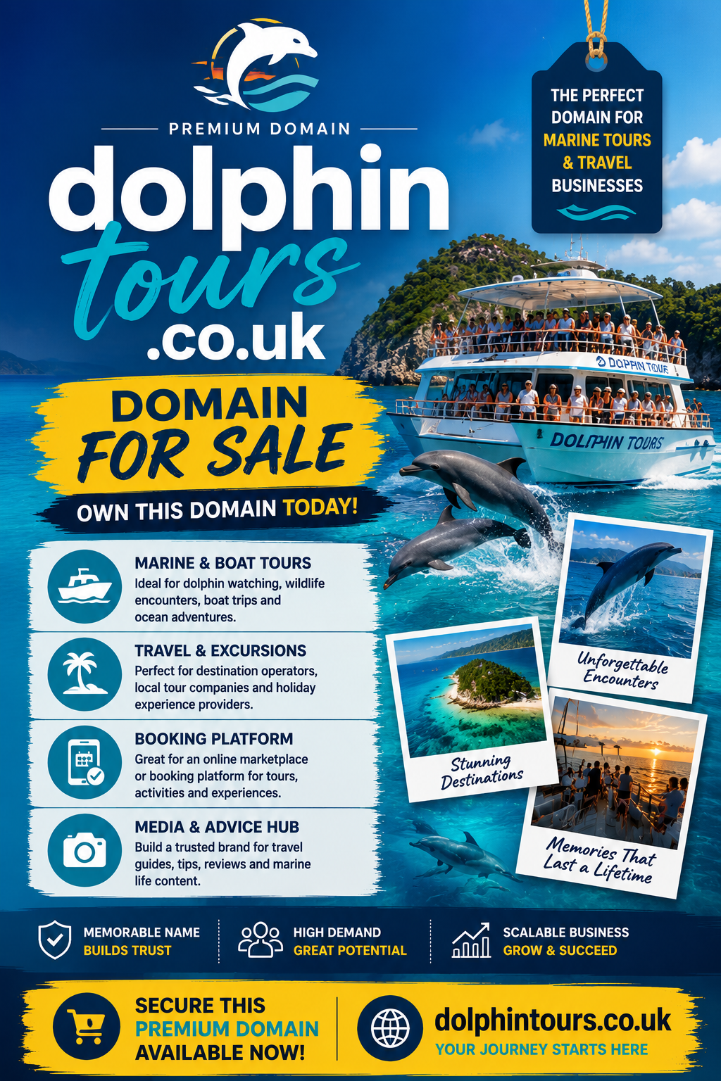 Promotional banner featuring dolphintours.co.uk with tour boat, dolphins and tropical travel photos. Style: bright coastal.