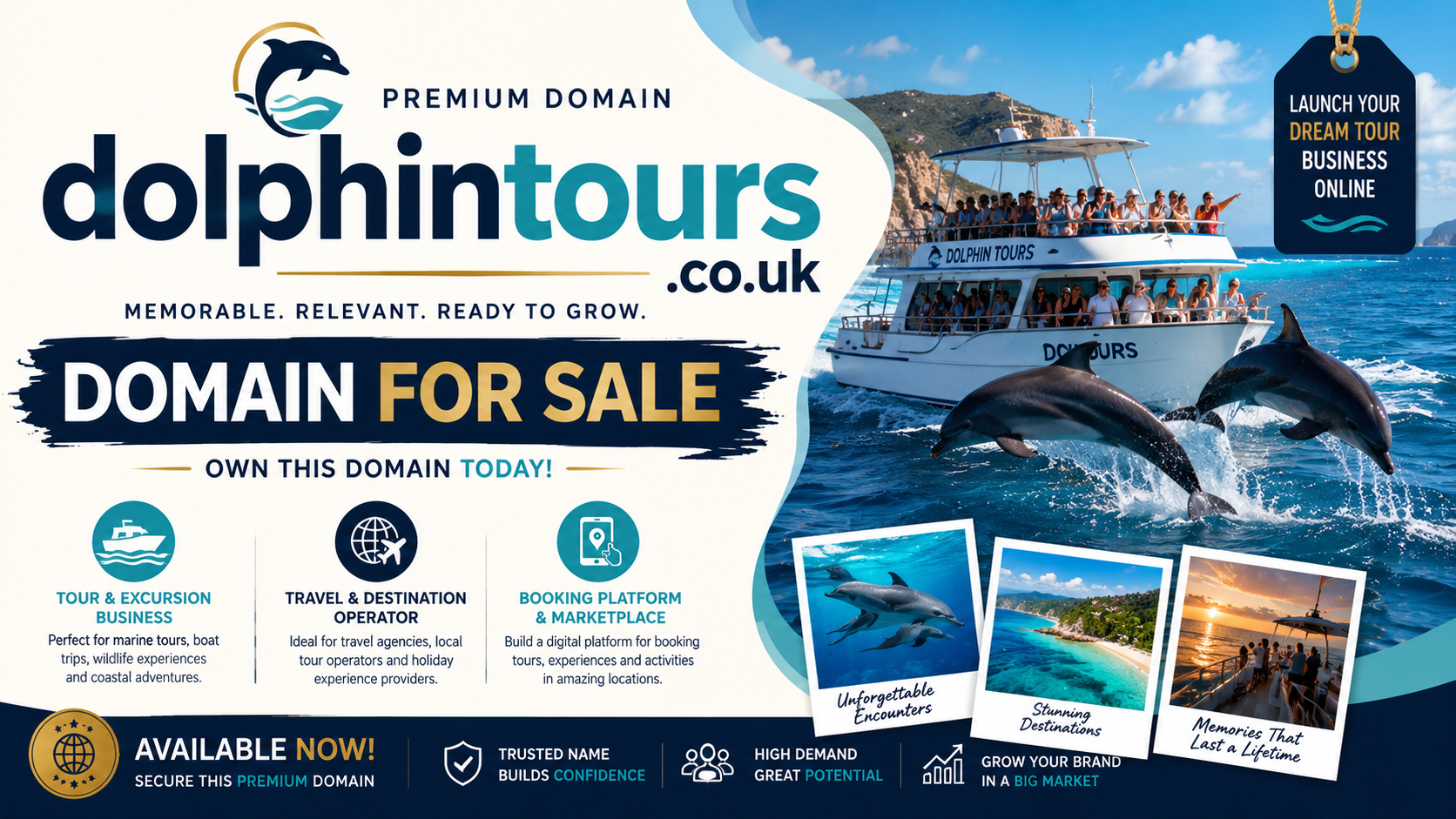 Promotional banner featuring dolphintours.co.uk with tour boat, dolphins and tropical travel photos. Style: bright coastal.
