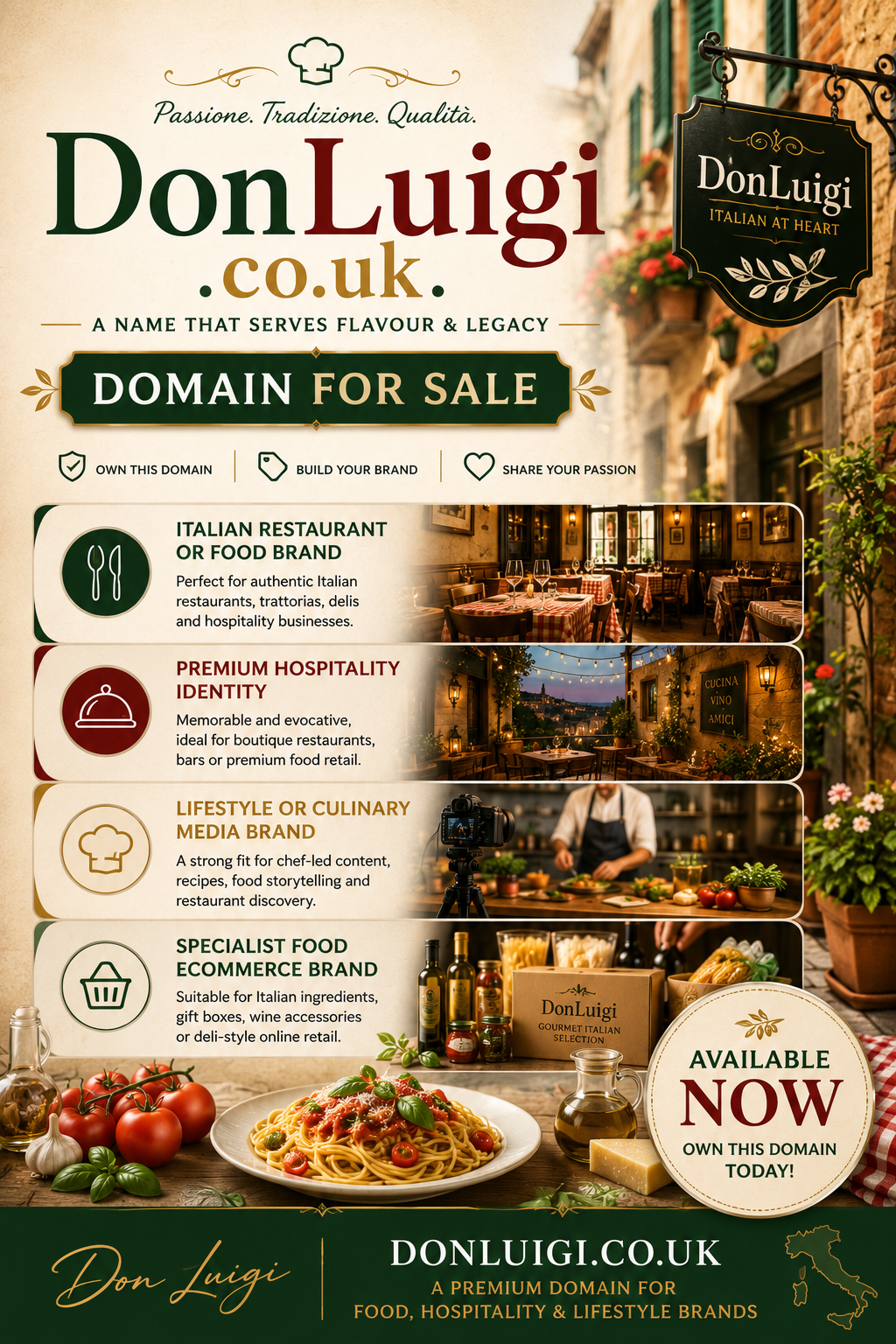 Promotional graphic featuring the domain DonLuigi.co.uk, shown with Italian dining and gourmet food branding elements. Style: warm premium.