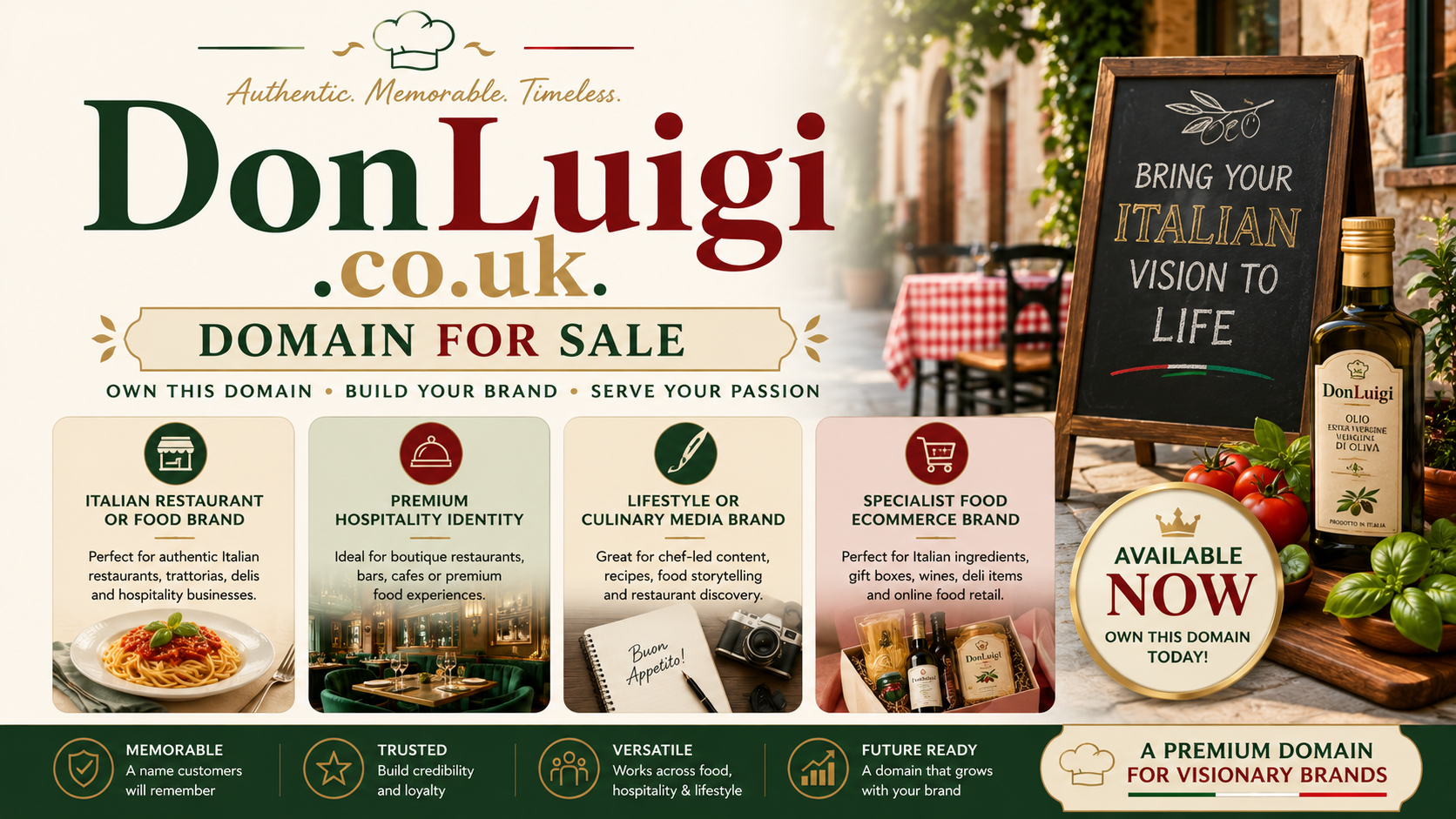 Promotional graphic featuring the domain DonLuigi.co.uk, shown with Italian dining and gourmet food branding elements. Style: warm premium.