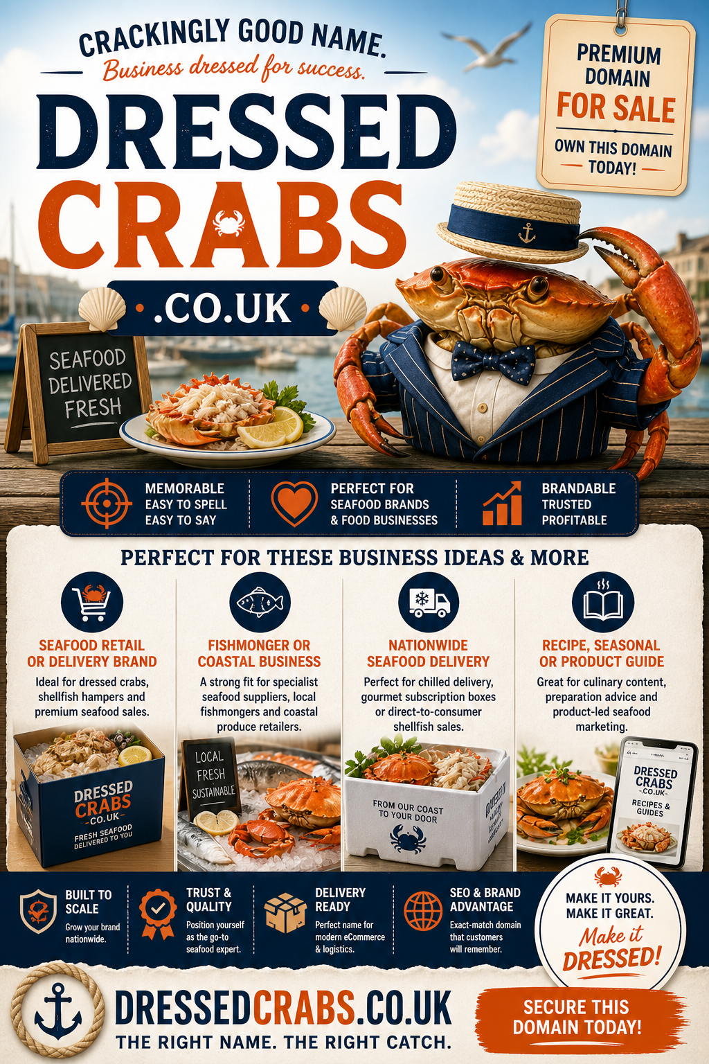 Promotional graphic featuring the domain dressedcrabs.co.uk, shown with seafood platter and crab dishes. Style: fresh, coastal