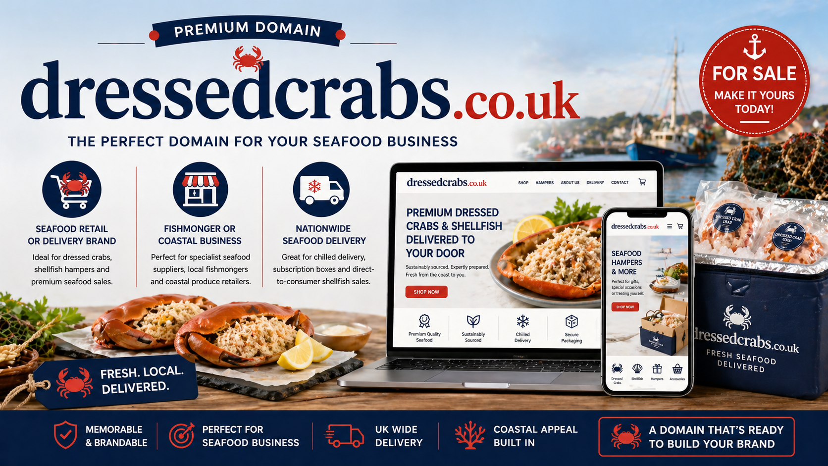Promo banner featuring the domain dressedcrabs.co.uk with fresh crab dishes, seafood packaging and device mockups, in a clean coastal-style layout.