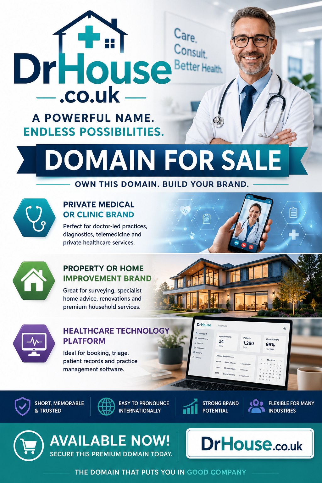 Promotional graphic for DrHouse.co.uk with medical tech visuals, luxury home imagery and bold branding. Style: clean modern.