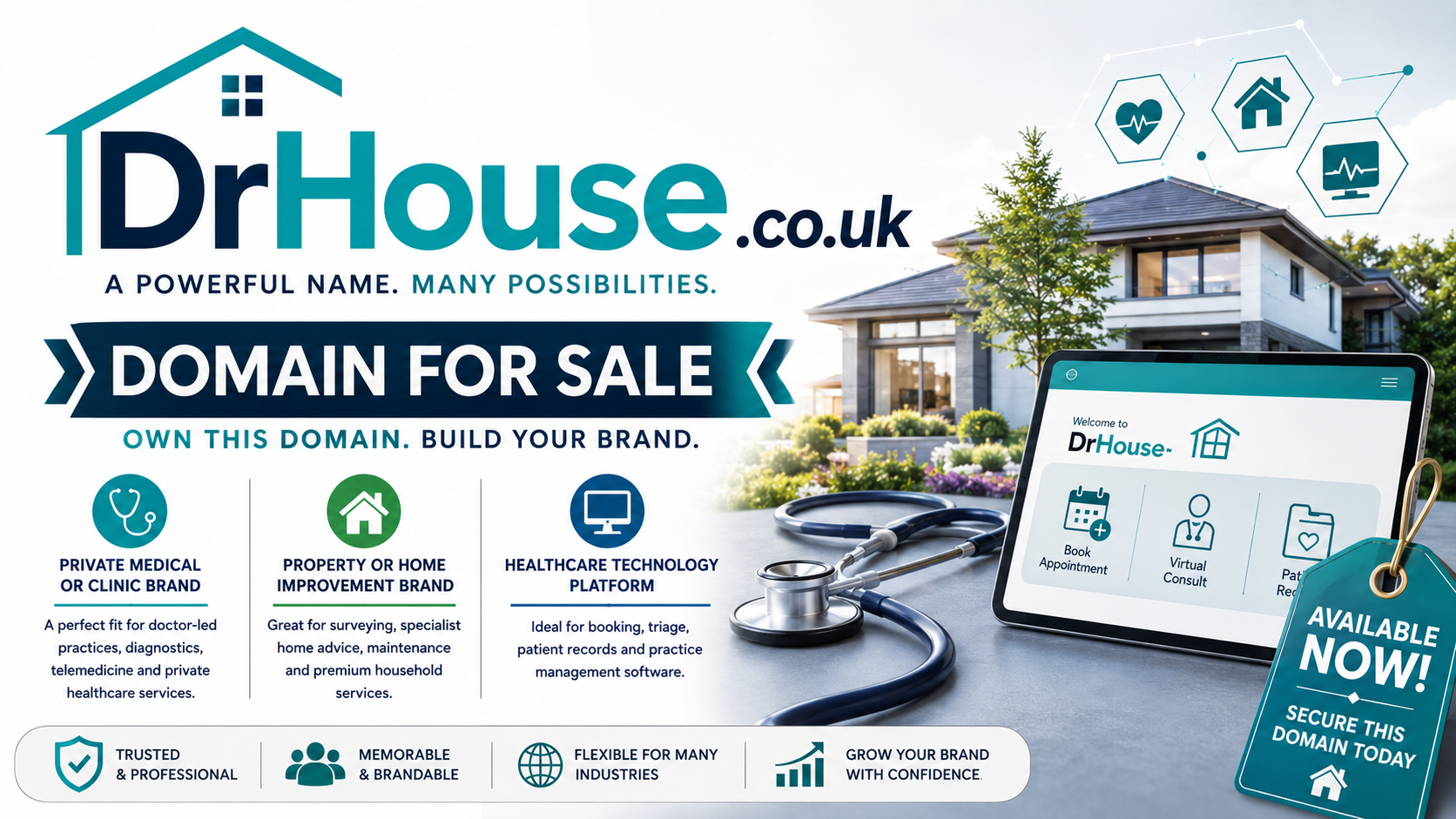 Promotional graphic for DrHouse.co.uk with medical tech visuals, luxury home imagery and bold branding. Style: clean modern.