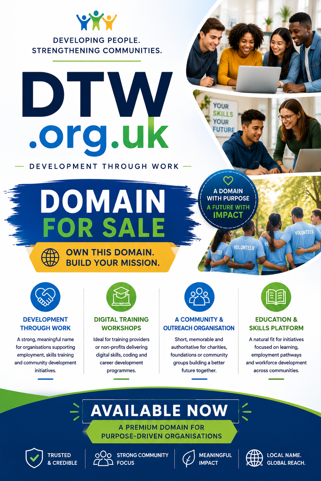 Promotional graphic featuring the domain DTW.org.uk, shown with students collaborating and community outreach imagery. Style: bright, inspiring and professional.