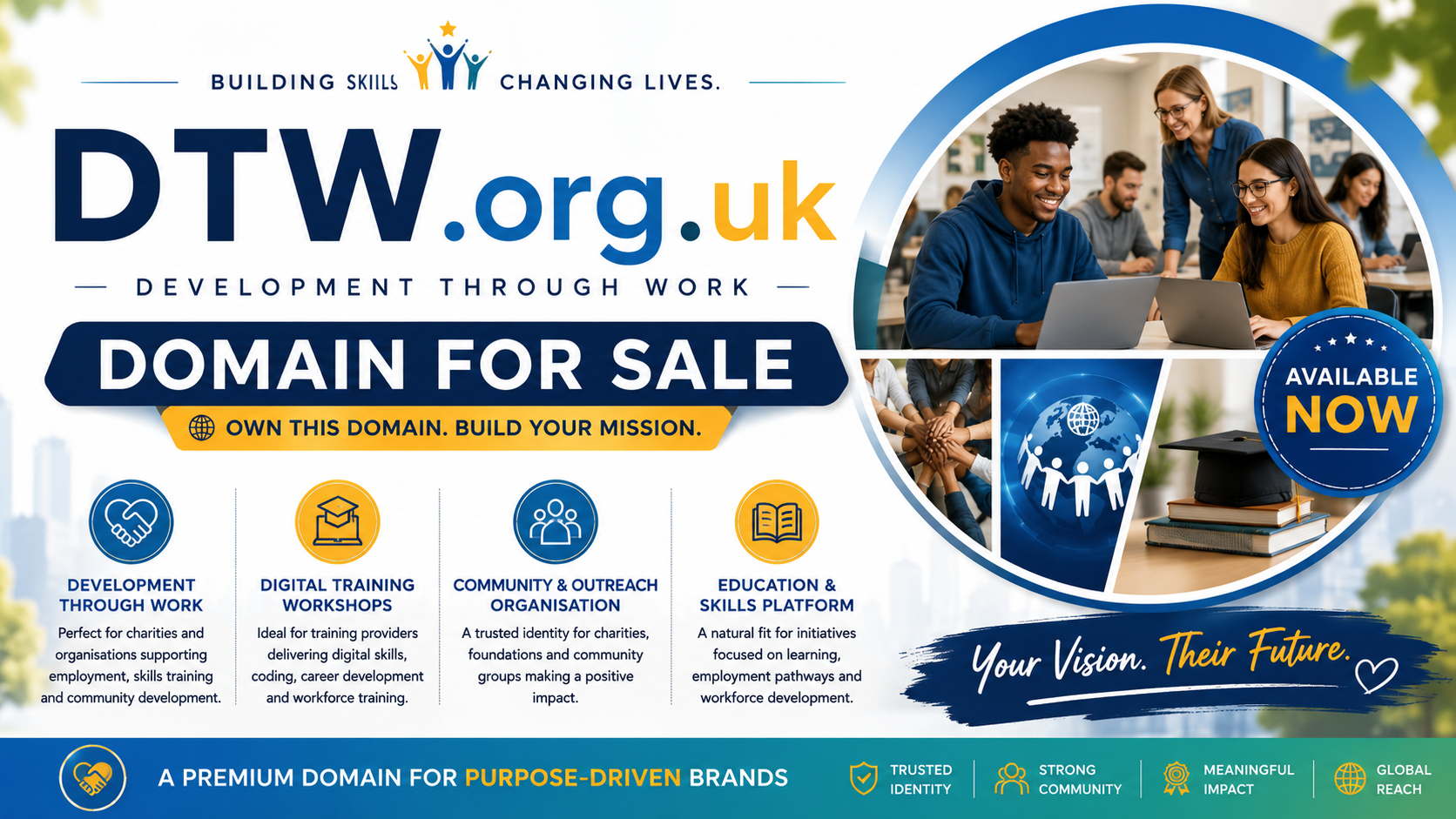 Promotional graphic featuring the domain DTW.org.uk, shown with students collaborating and community outreach imagery. Style: bright, inspiring and professional.