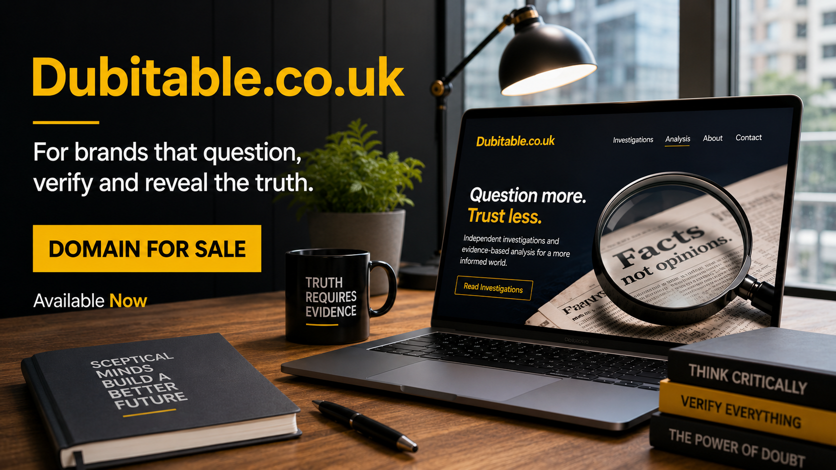 People collaborate in a bright investigative newsroom where journalists and analysts review evidence on large displays, with Dubitable.co.uk featured as the brand identity. The modern workspace conveys critical thinking, fact-checking and evidence-based publishing, while the domain is presented as an available business name.