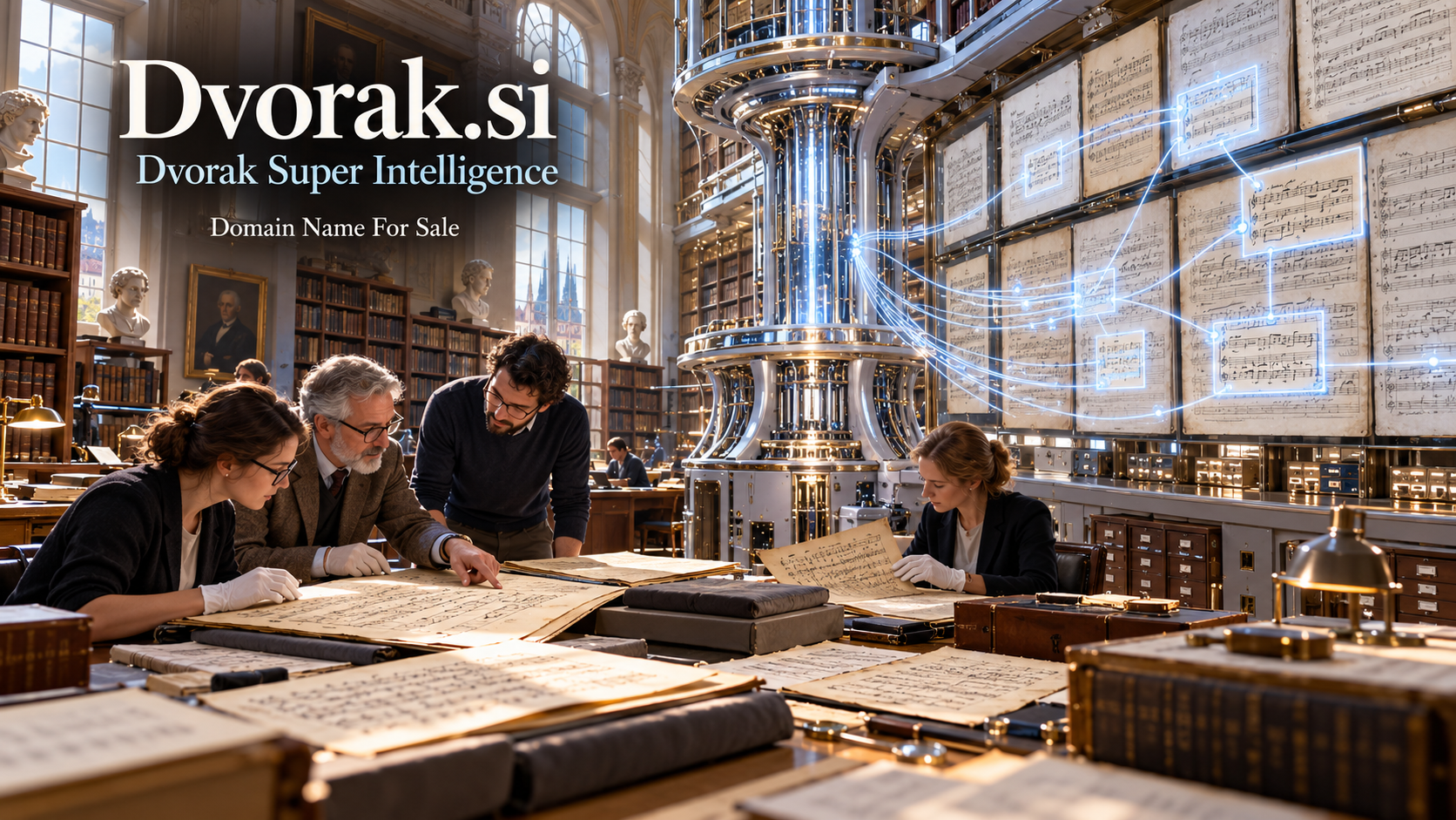 Music researchers study archival orchestral scores beside a luminous, finely engineered Dvorak Super Intelligence system linking themes across the collection; Dvorak.si and Domain Name For Sale appear in the scene.
