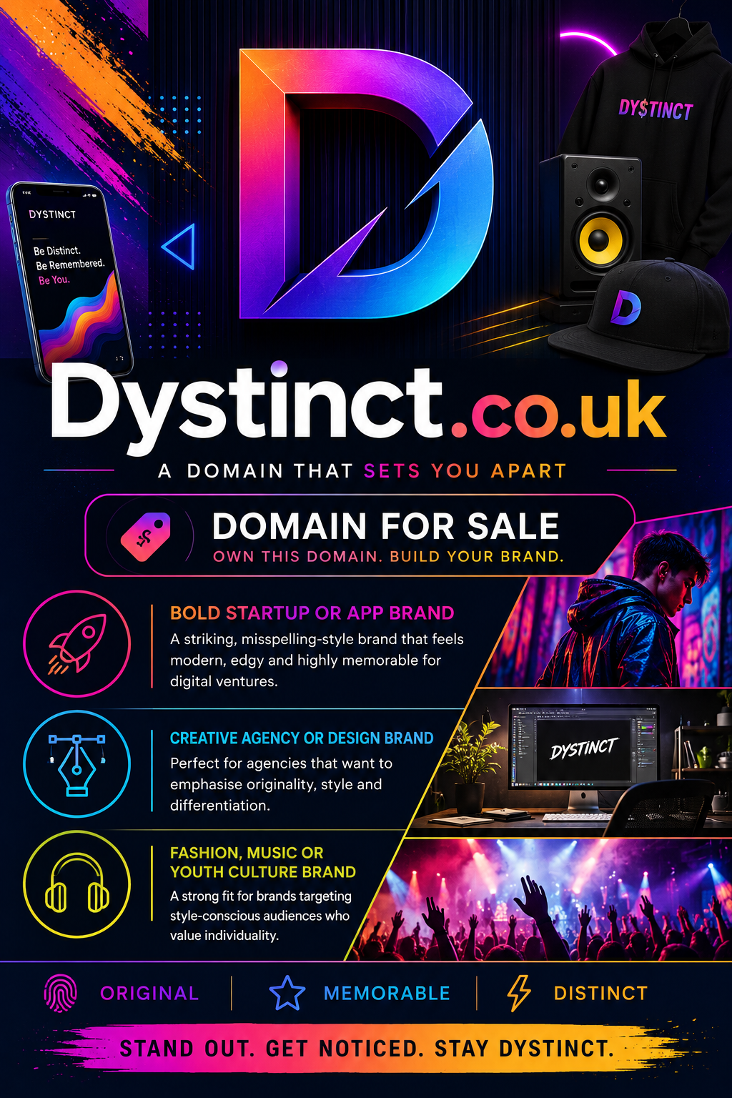 Promotional graphic featuring the domain Dystinct.co.uk with vibrant creative branding, neon design elements and startup-inspired styling. Style: bold and modern.