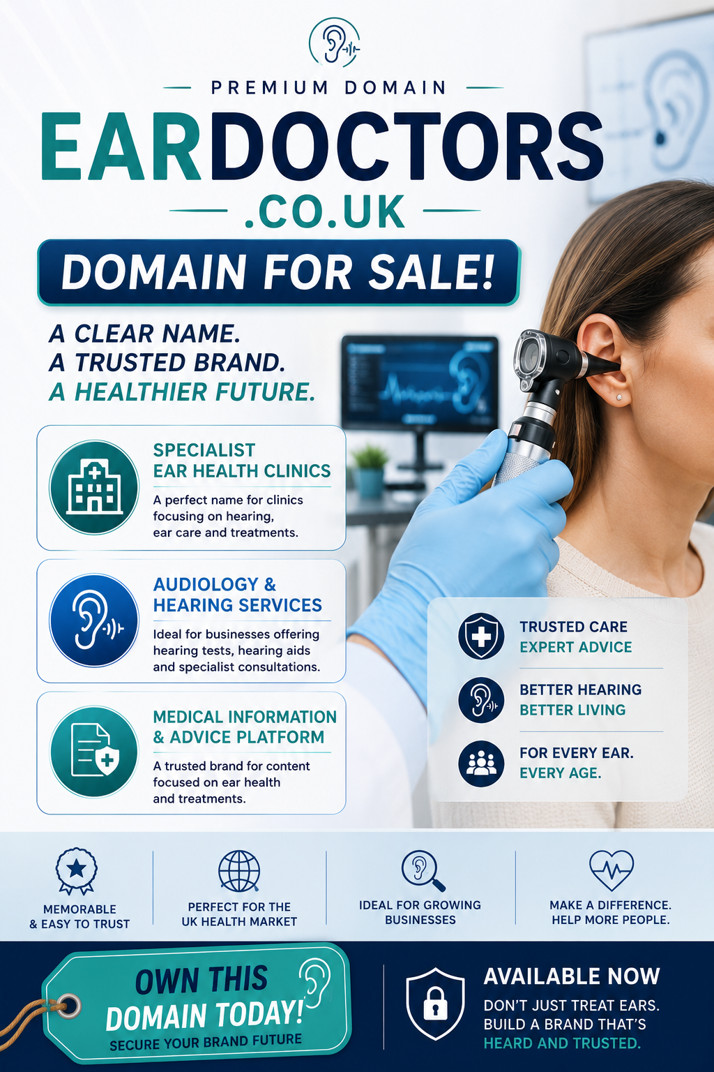 Promotional graphic featuring the domain eardoctors.co.uk with audiology visuals and medical clinic branding. Style: clean modern healthcare.